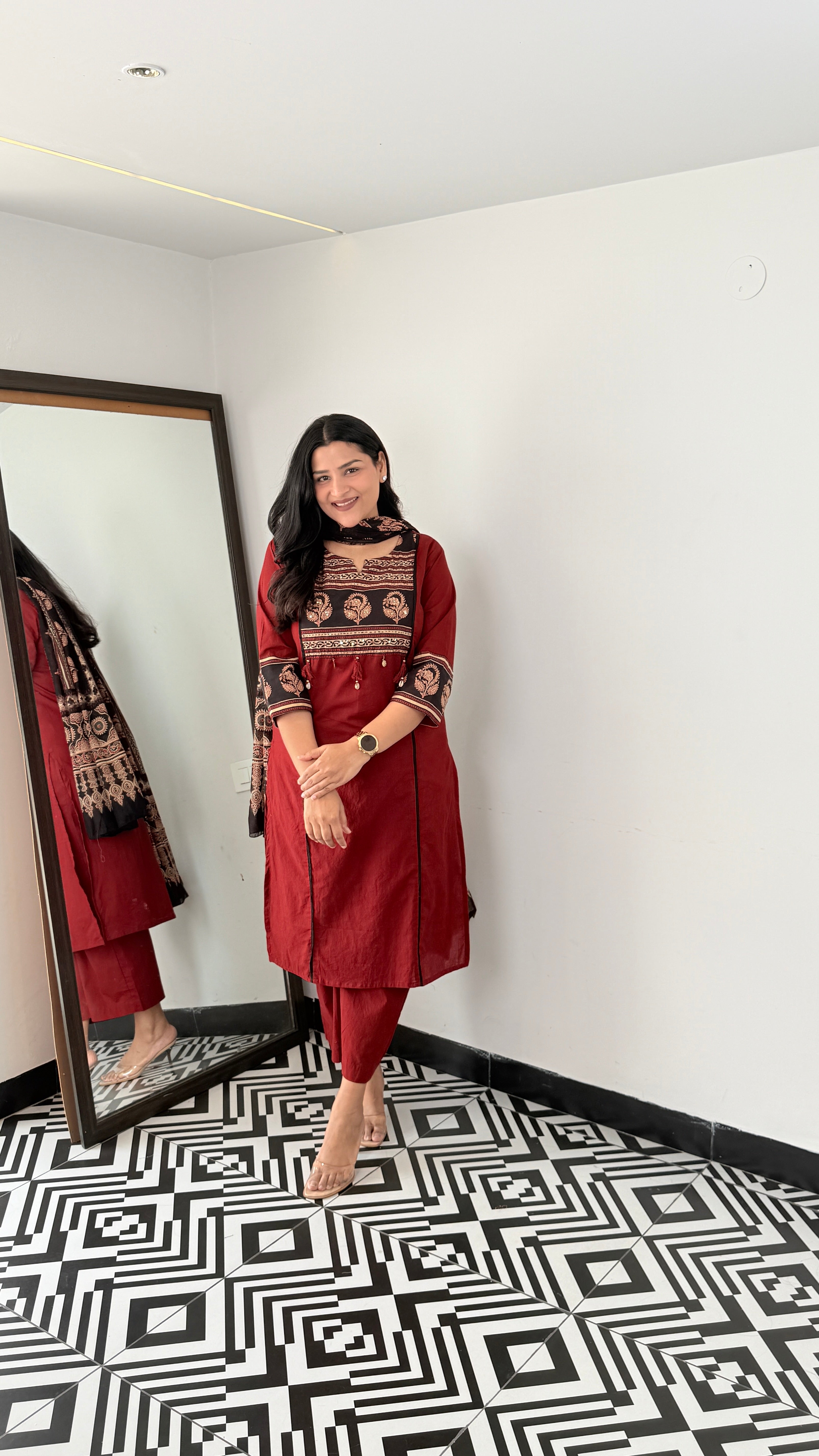 Ajrakh Maroon Pure Cotton Suit Set shrisa.in