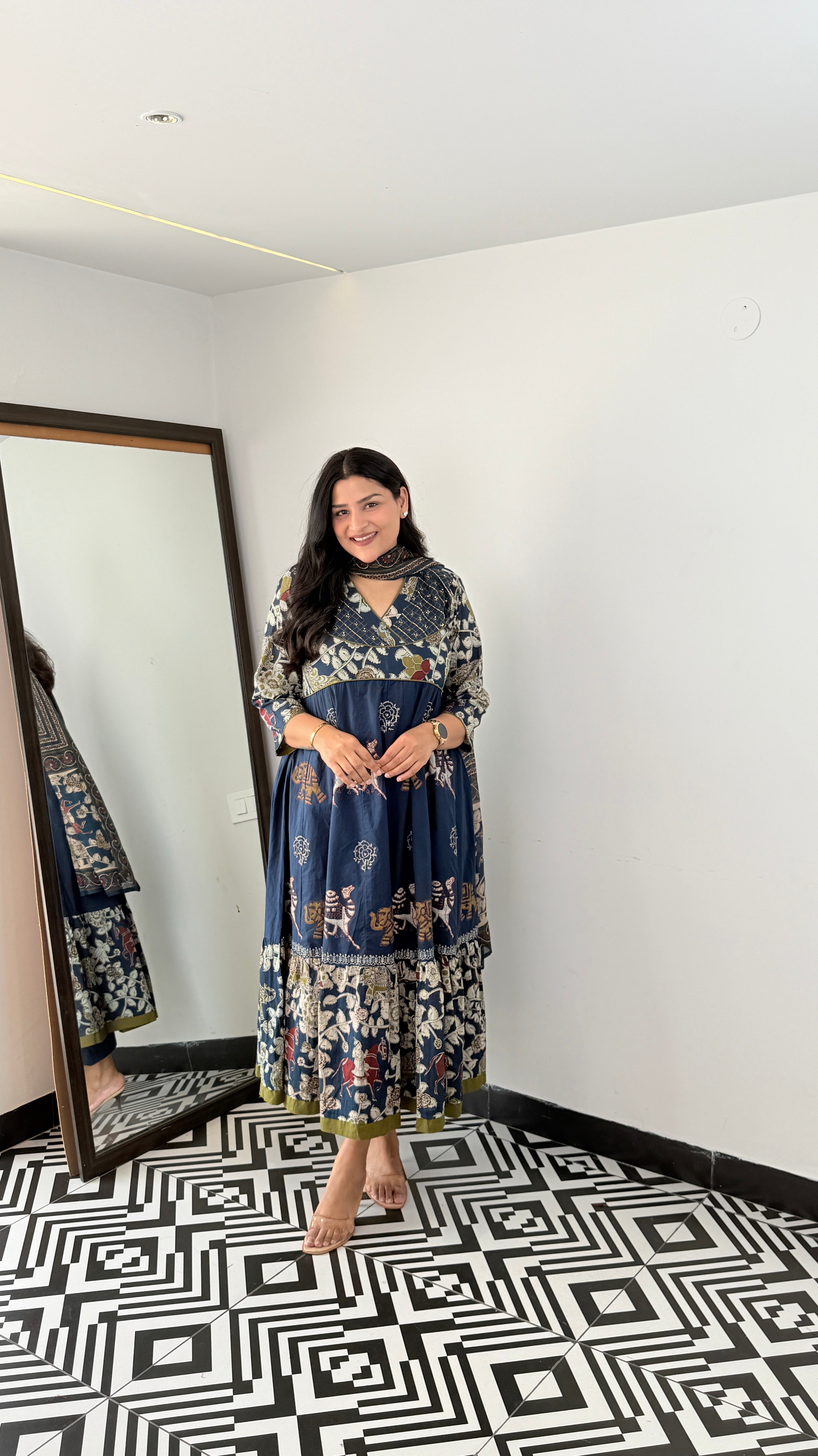Blue Jaipuri  Traditional Print Anarkali Suit Set shrisa.in