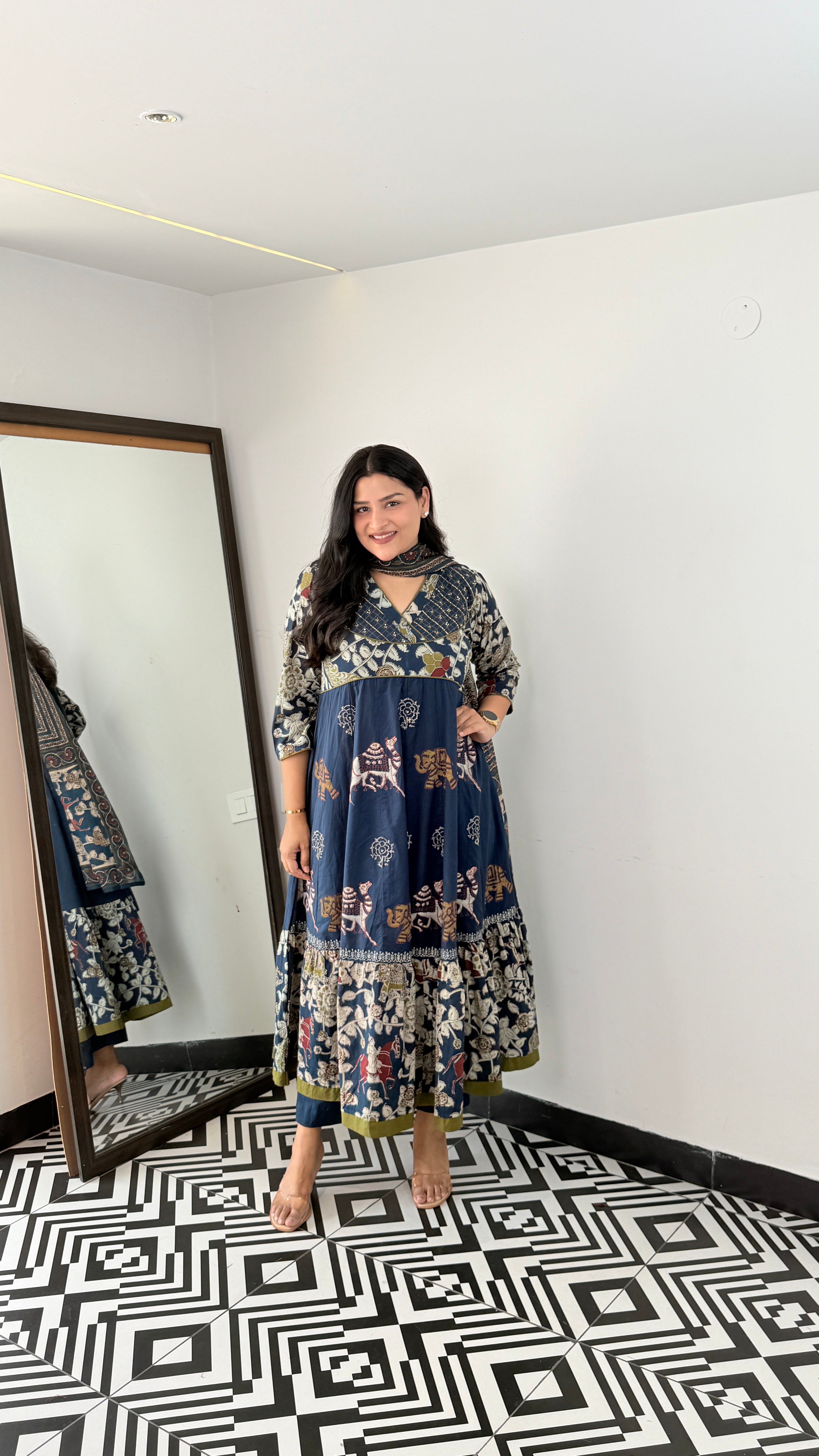Blue Jaipuri  Traditional Print Anarkali Suit Set shrisa.in