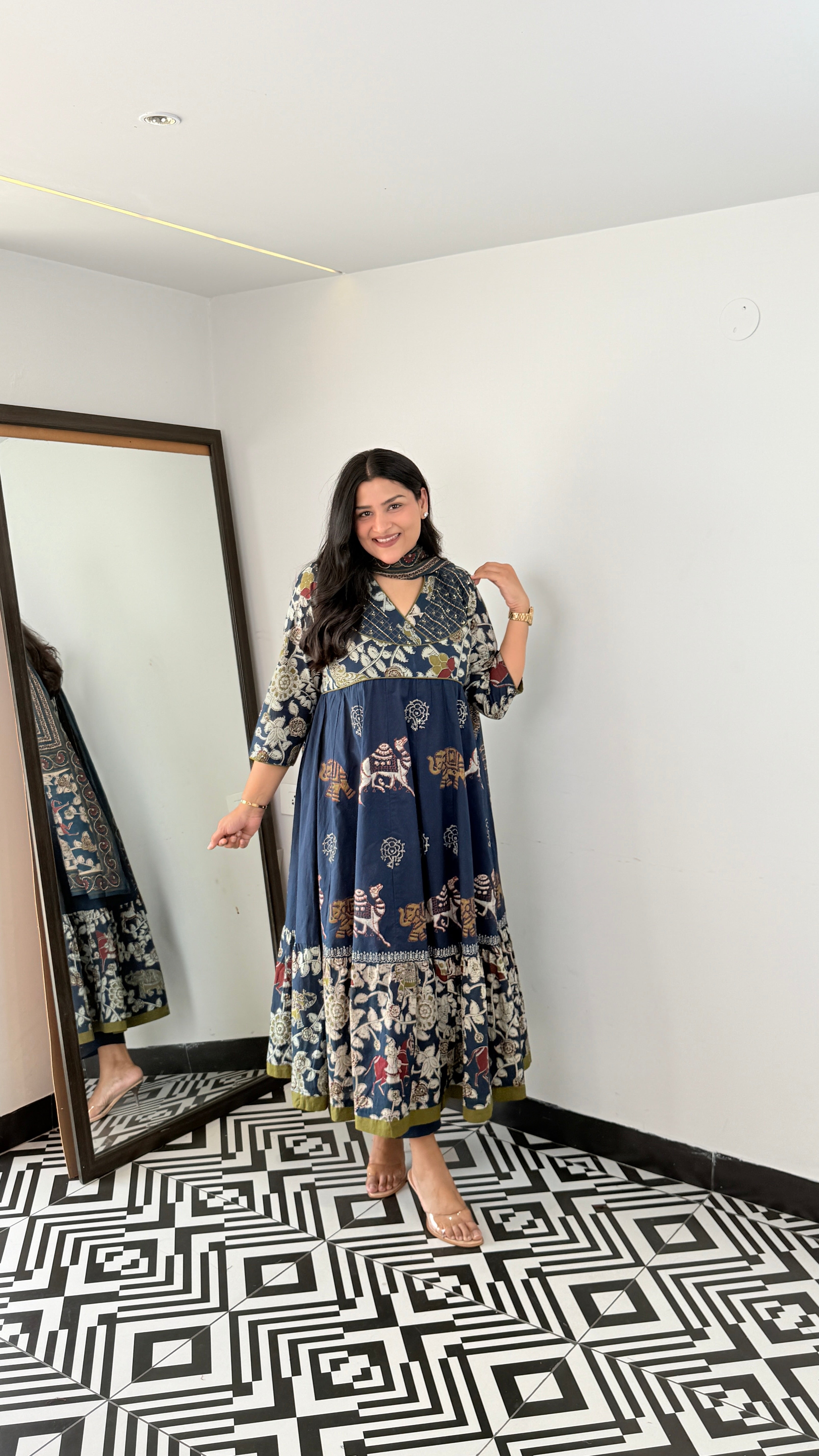 Blue Jaipuri  Traditional Print Anarkali Suit Set shrisa.in