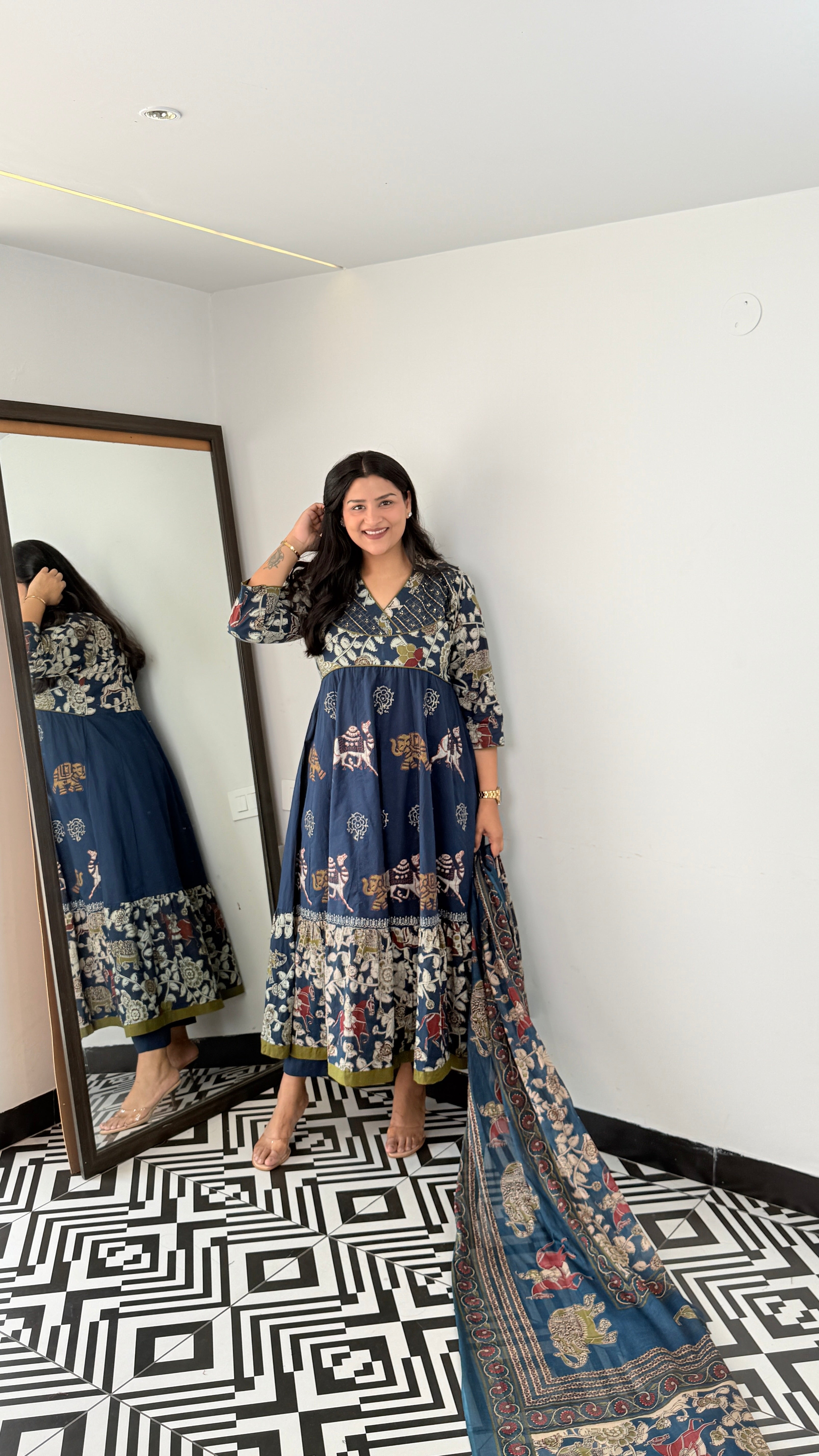 Blue Jaipuri  Traditional Print Anarkali Suit Set shrisa.in