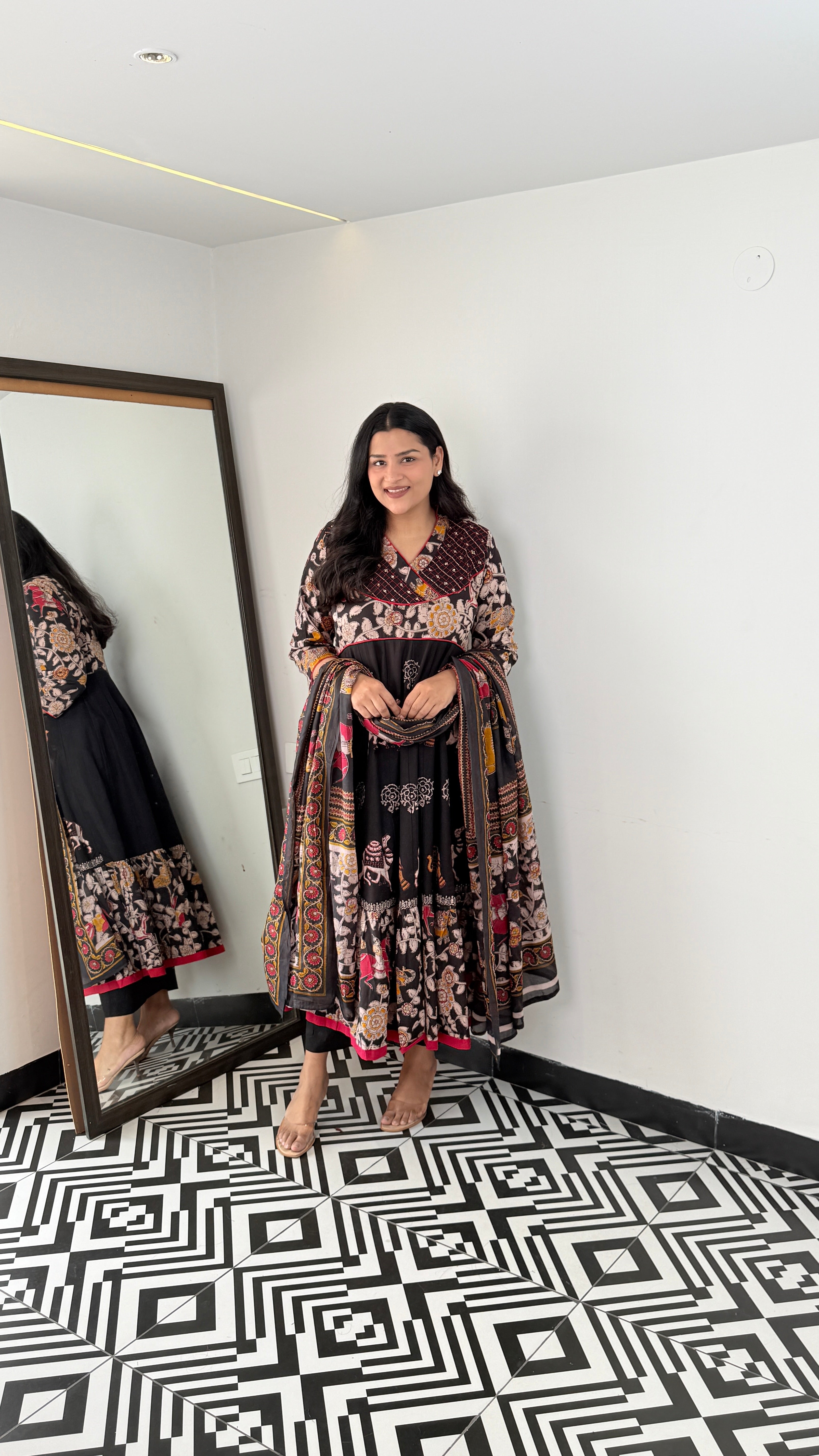 Black Jaipuri Traditional Print Anarkali Suit Set shrisa.in