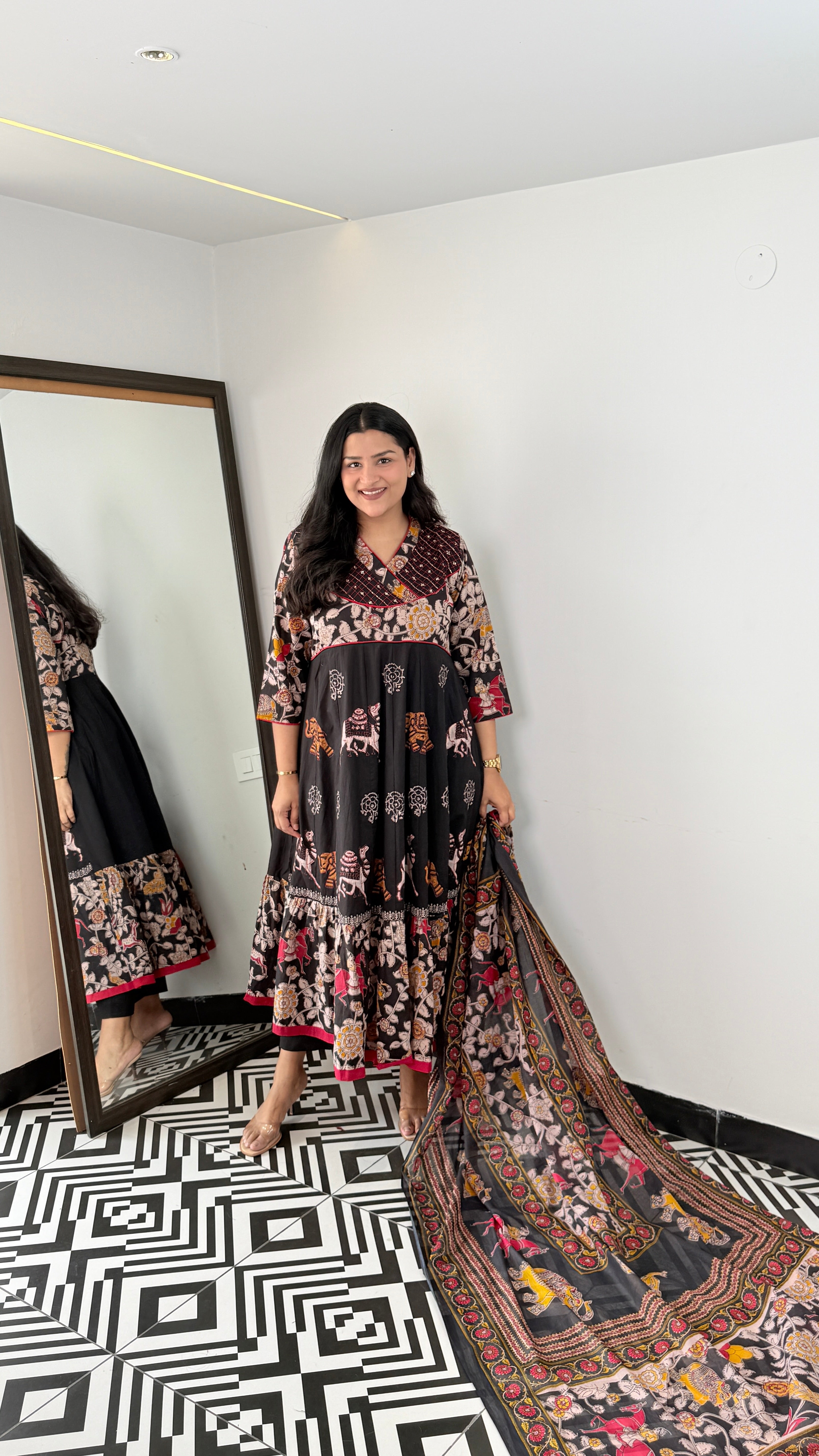 Black Jaipuri Traditional Print Anarkali Suit Set shrisa.in