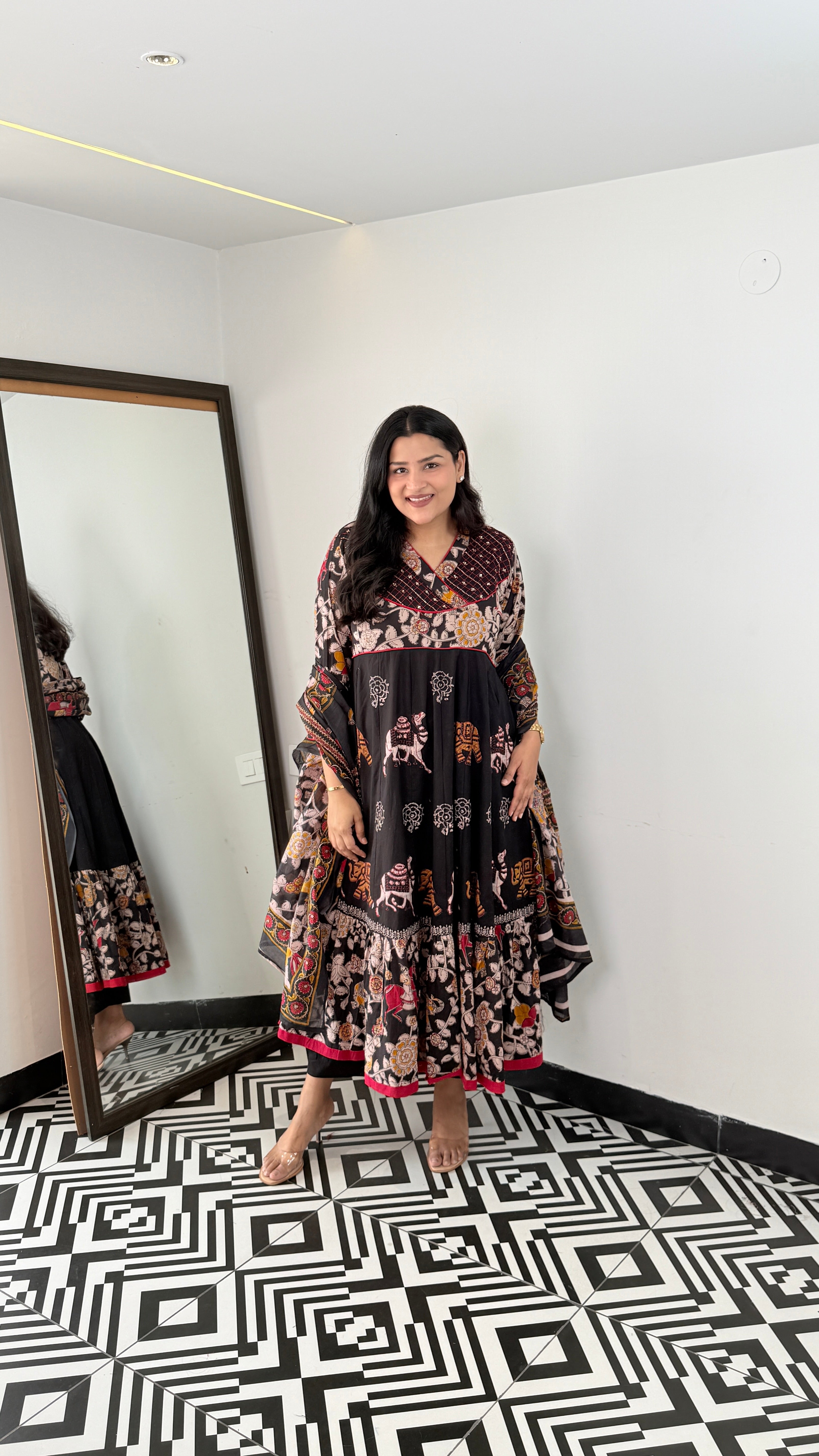 Black Jaipuri Traditional Print Anarkali Suit Set shrisa.in