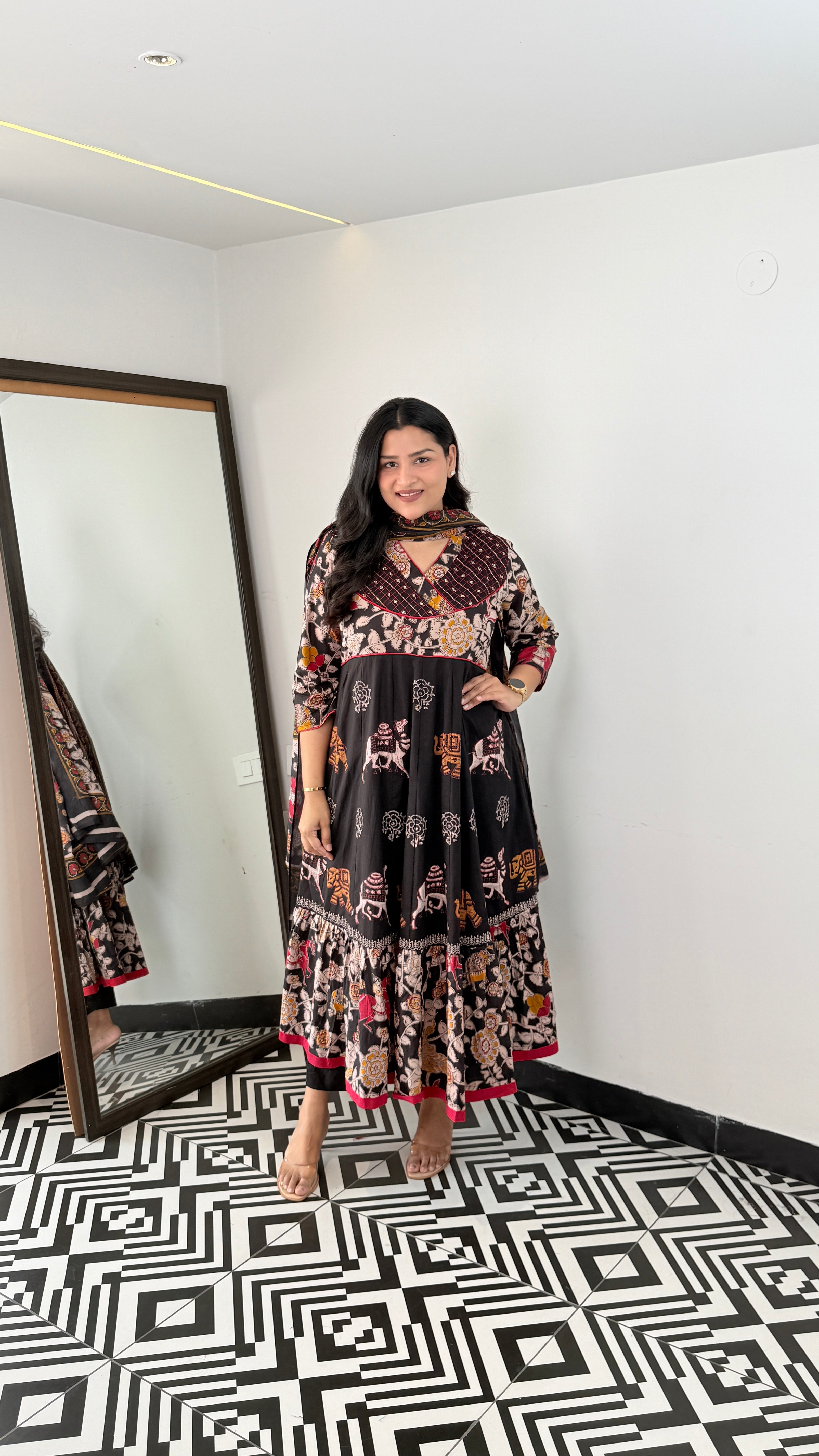 Black Jaipuri Traditional Print Anarkali Suit Set shrisa.in