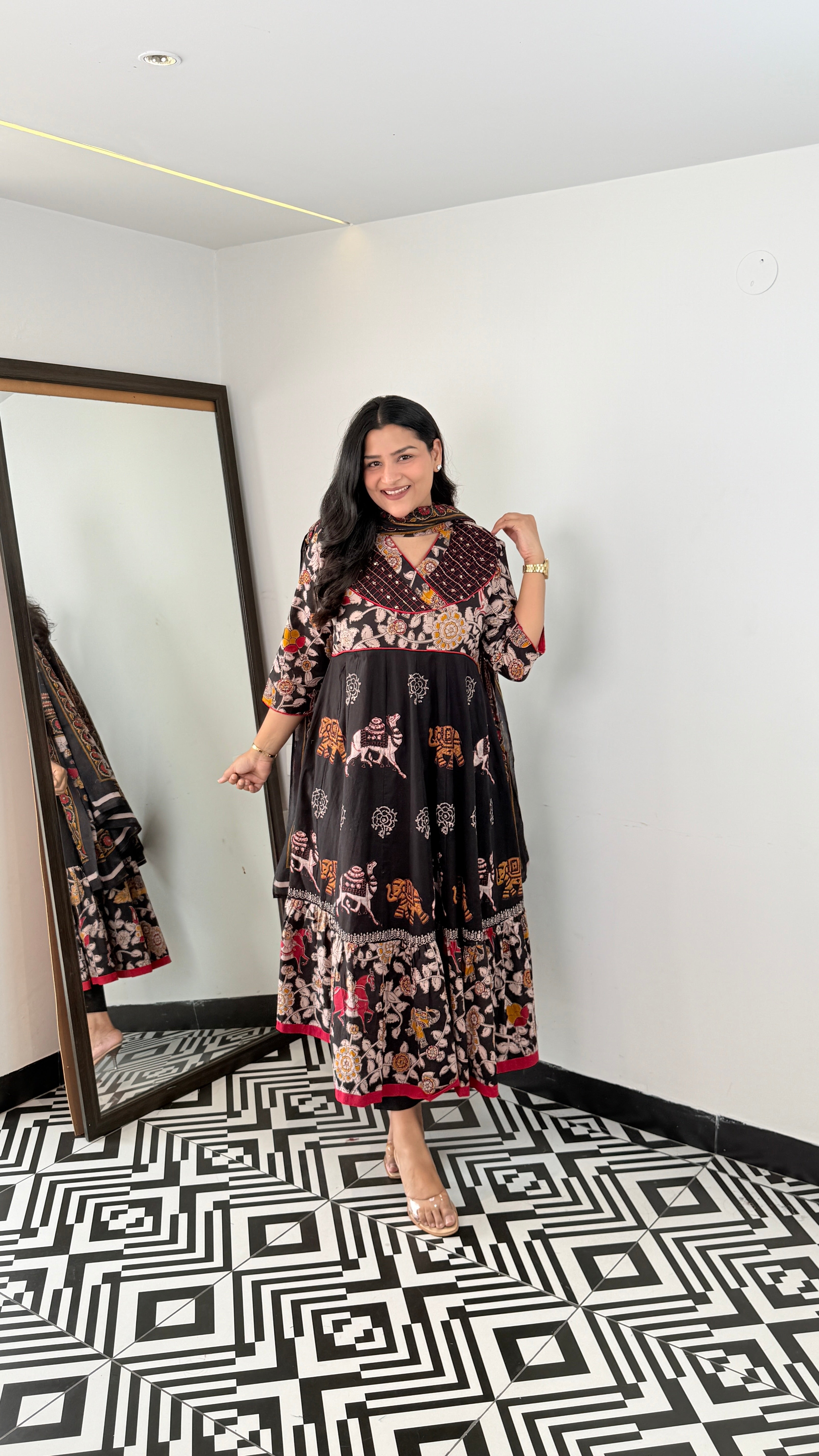 Black Jaipuri Traditional Print Anarkali Suit Set shrisa.in