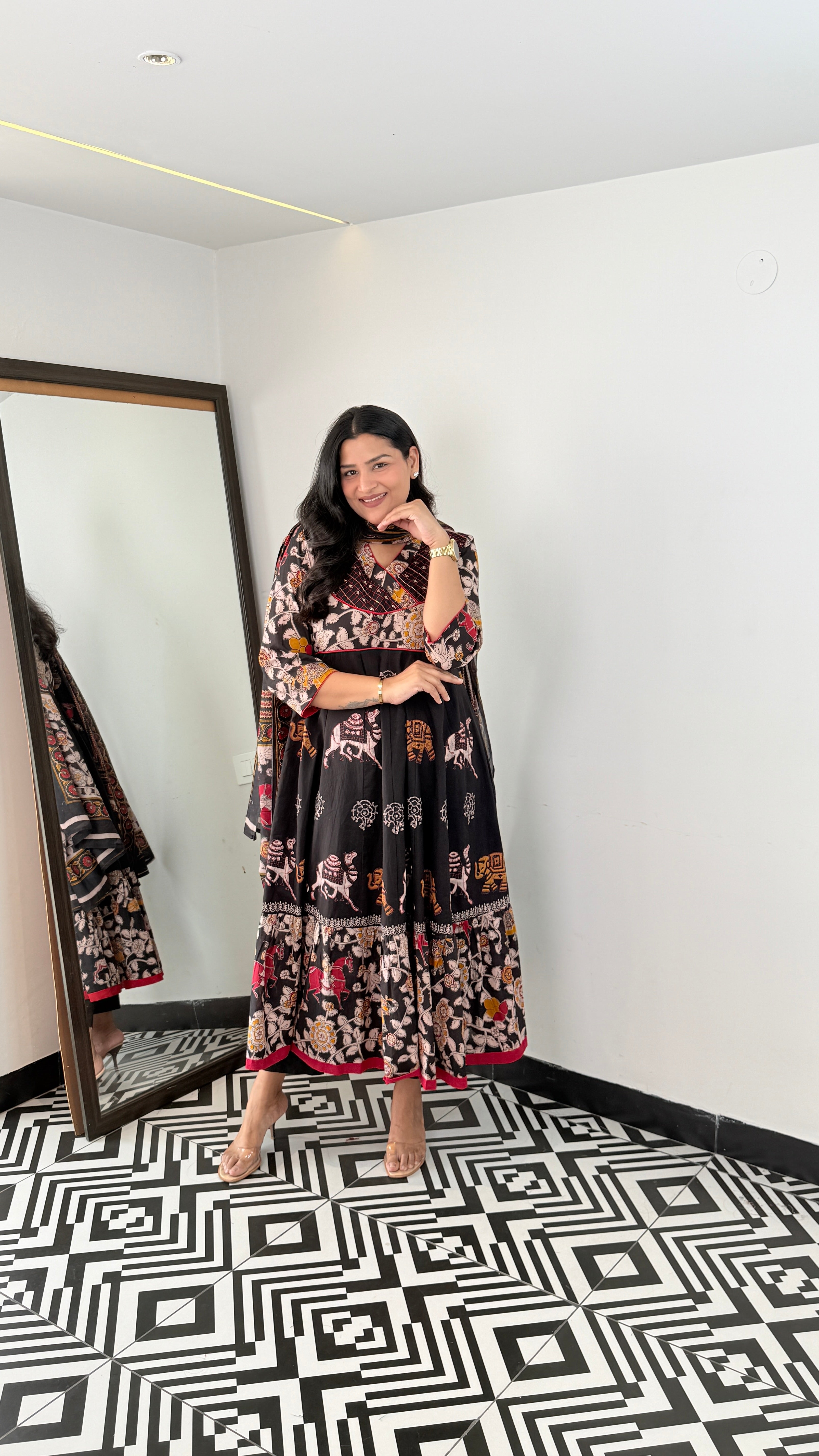 Black Jaipuri Traditional Print Anarkali Suit Set shrisa.in
