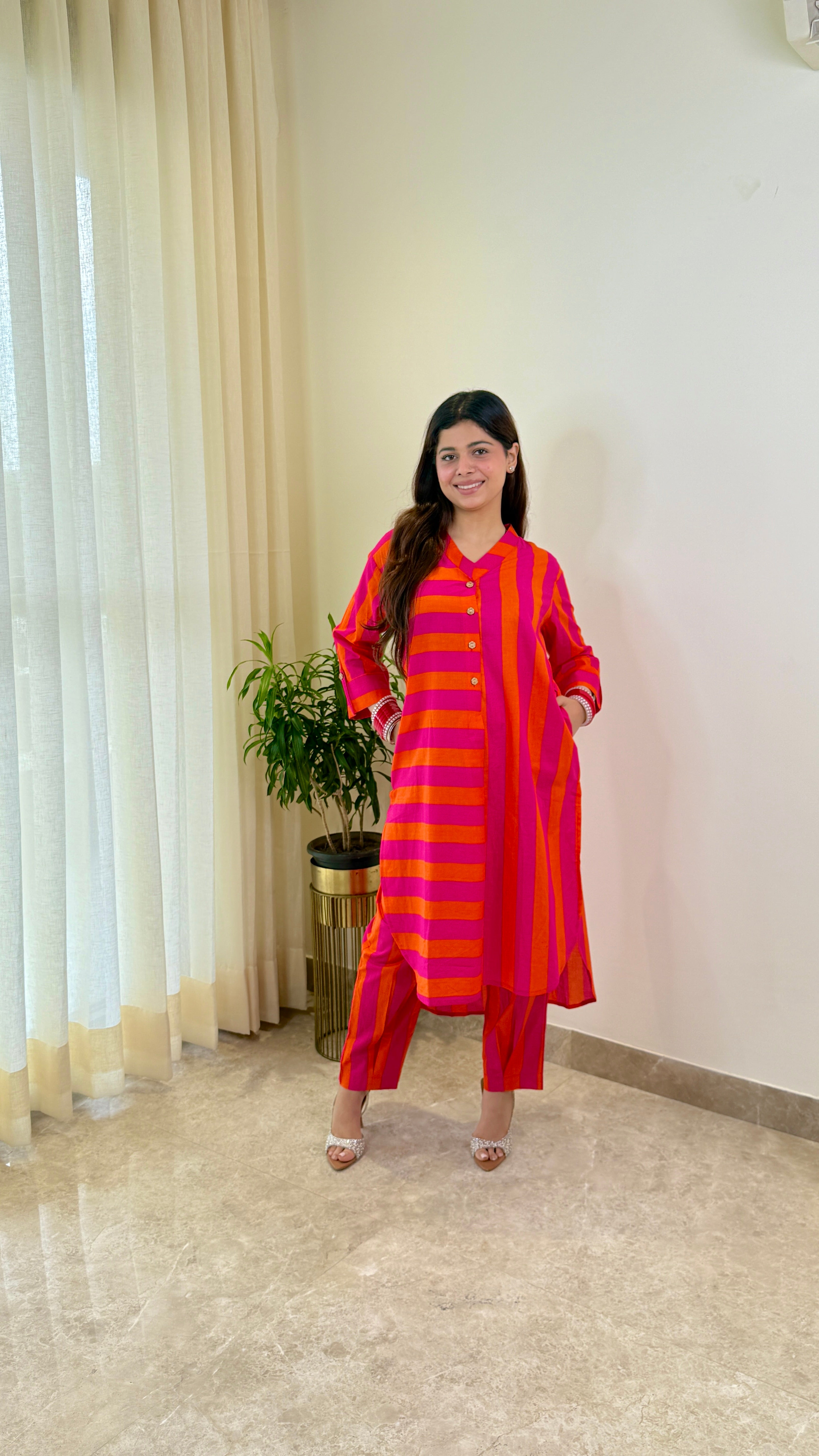 Pink Orange Pure Cotton Kurta Pants