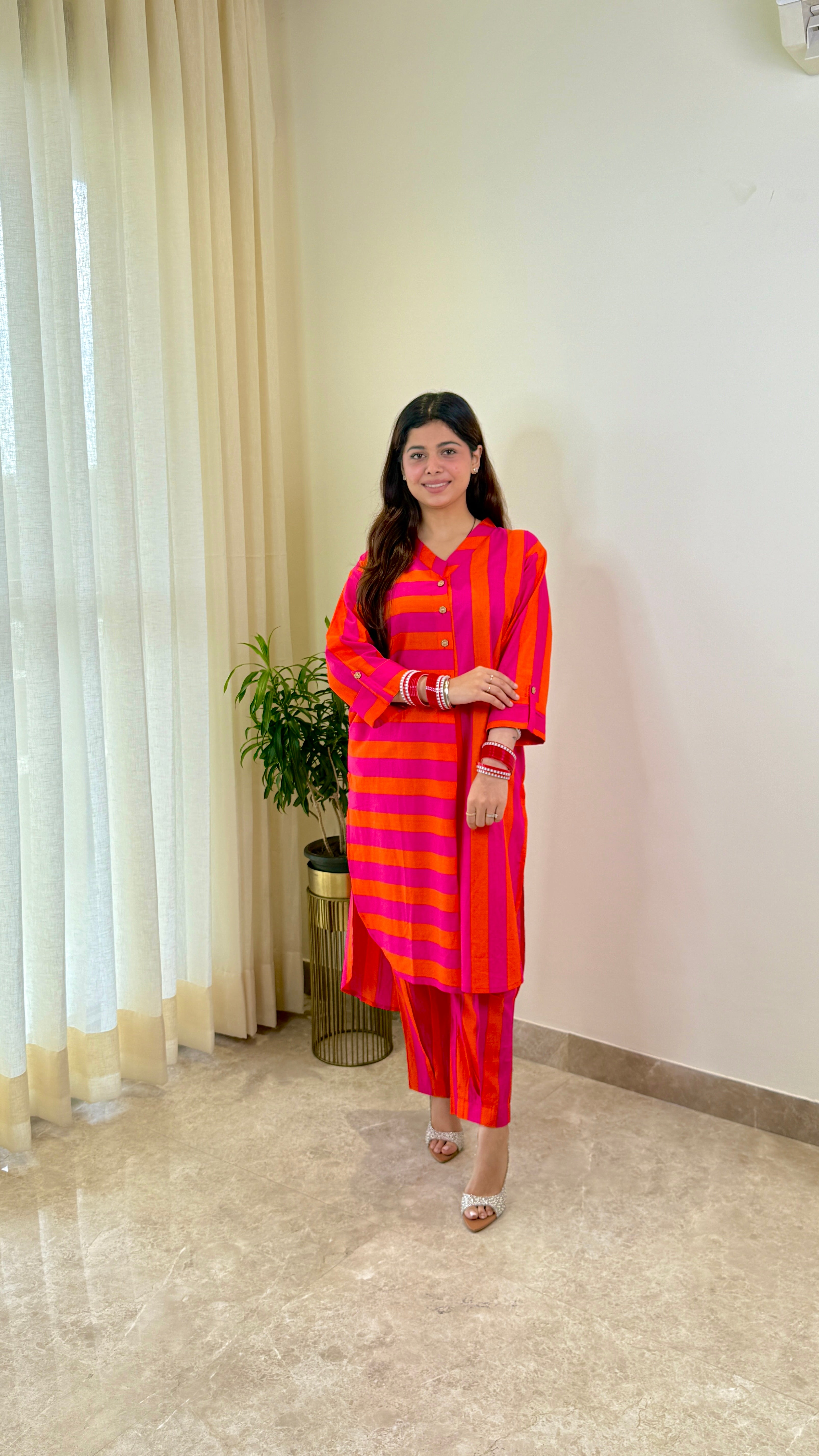 Pink Orange Pure Cotton Kurta Pants