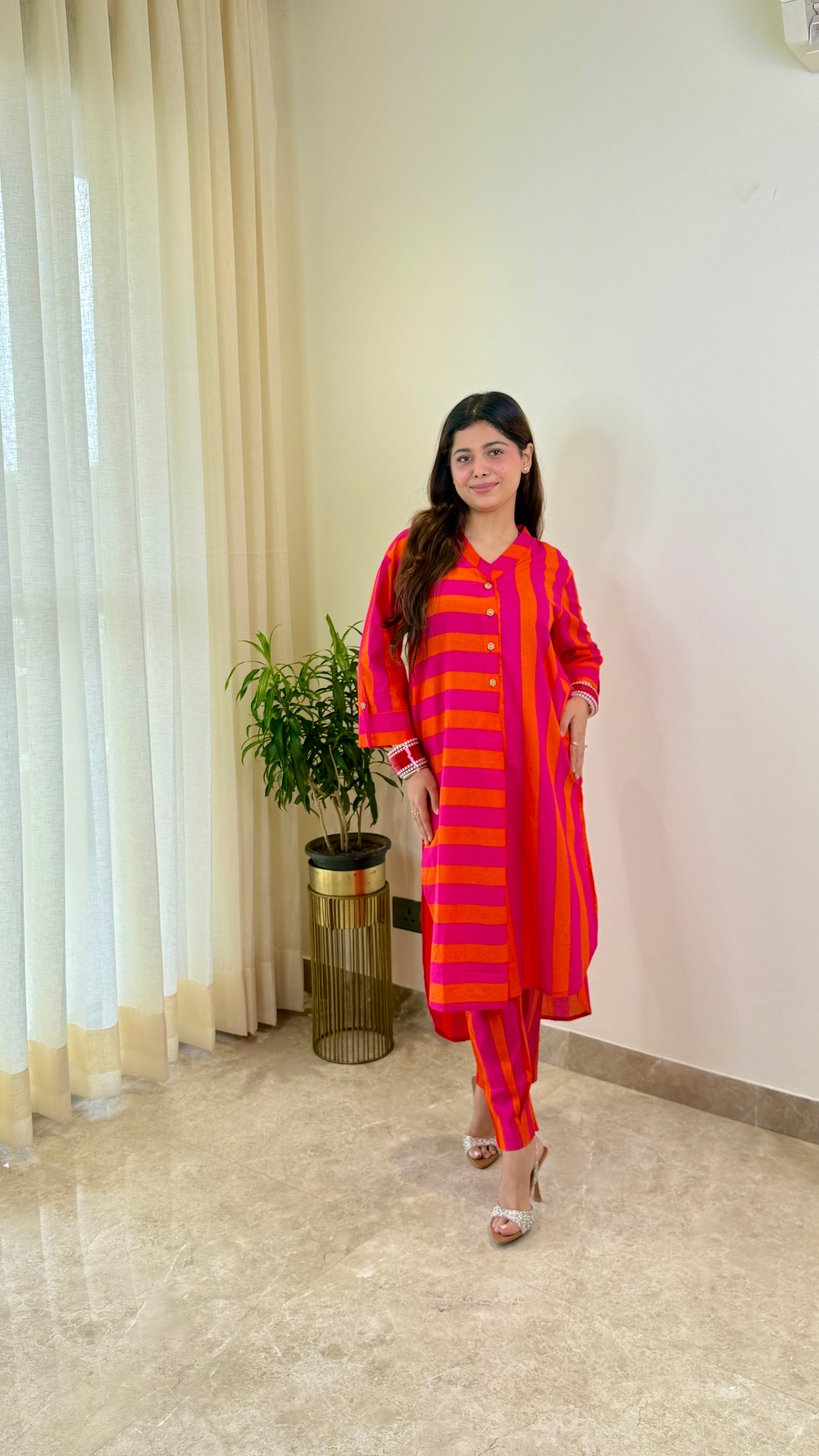 Pink Orange Pure Cotton Kurta Pants