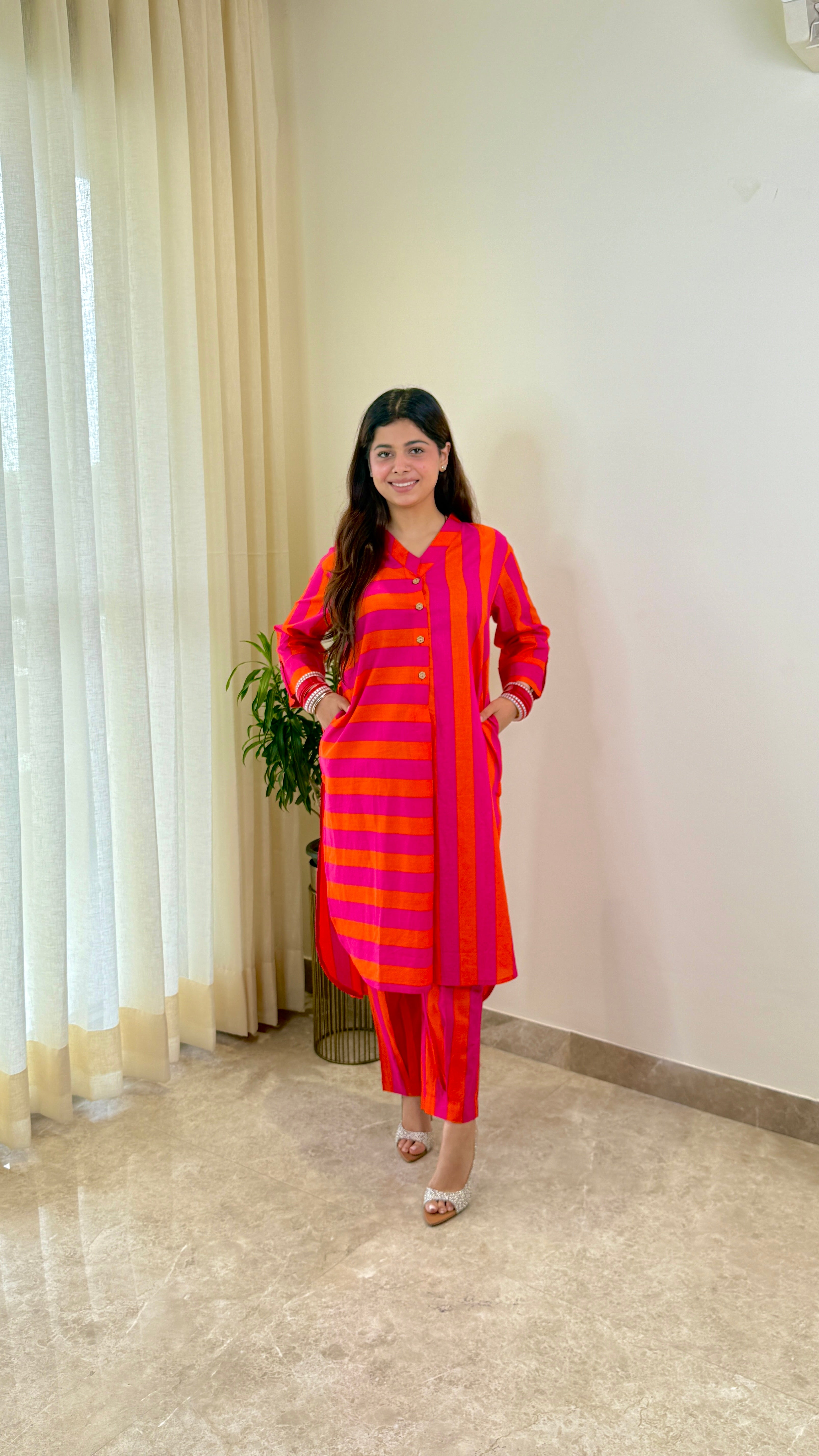 Pink Orange Pure Cotton Kurta Pants