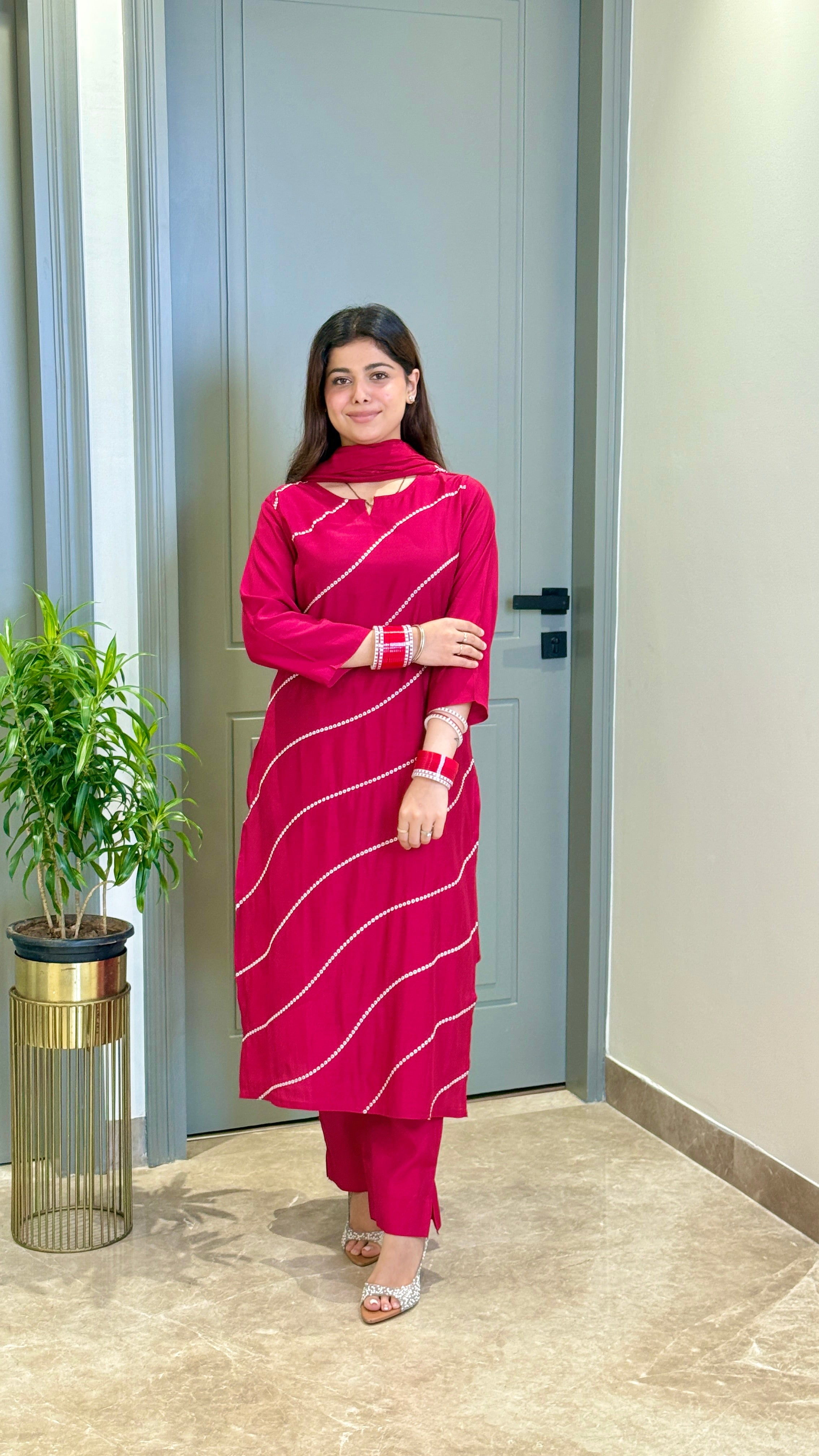 Rani Bandhej Line Suit Set