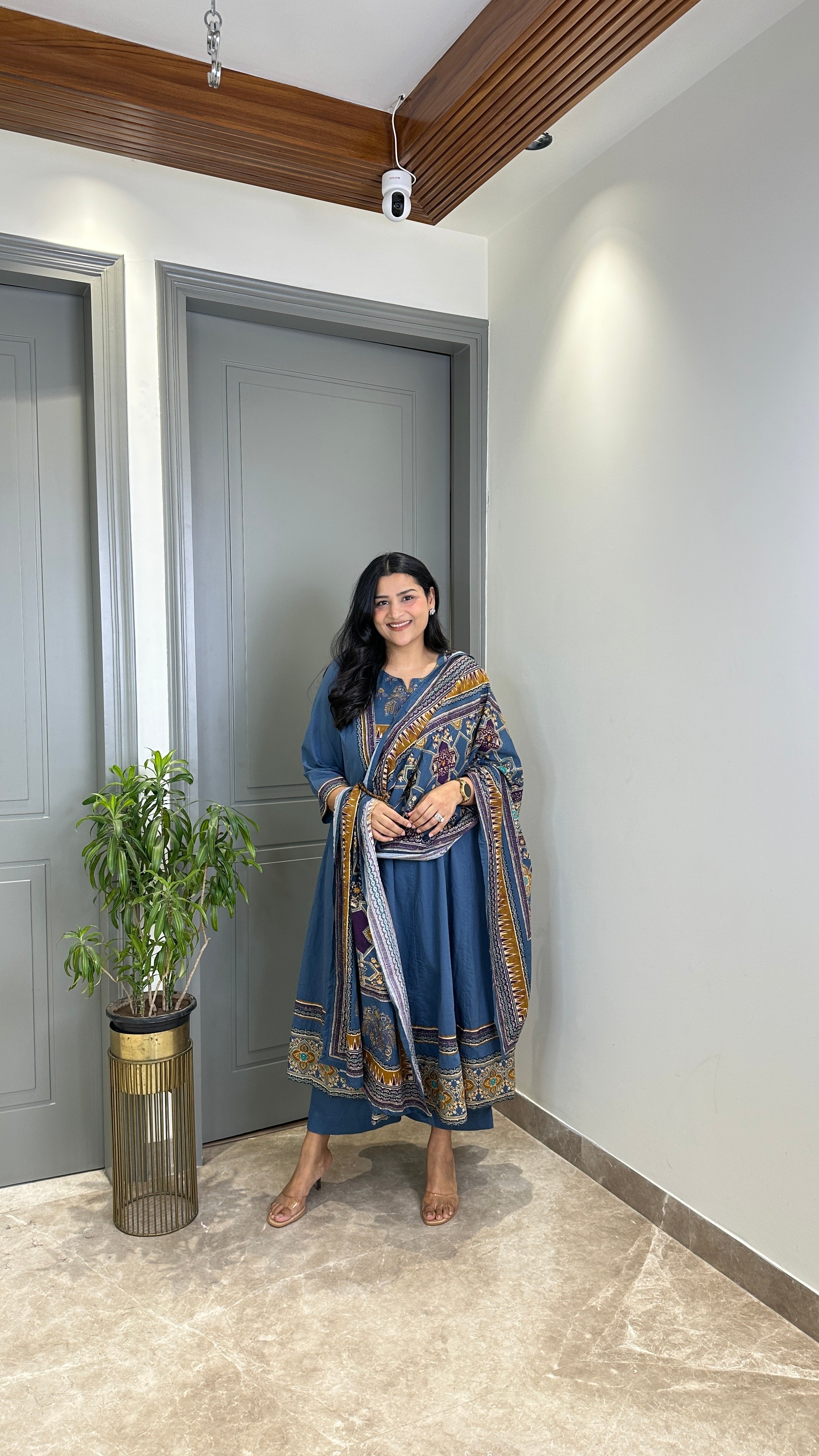 Teal Ajrakh Pure Ccotton Anarkali Suit Set shrisa.in