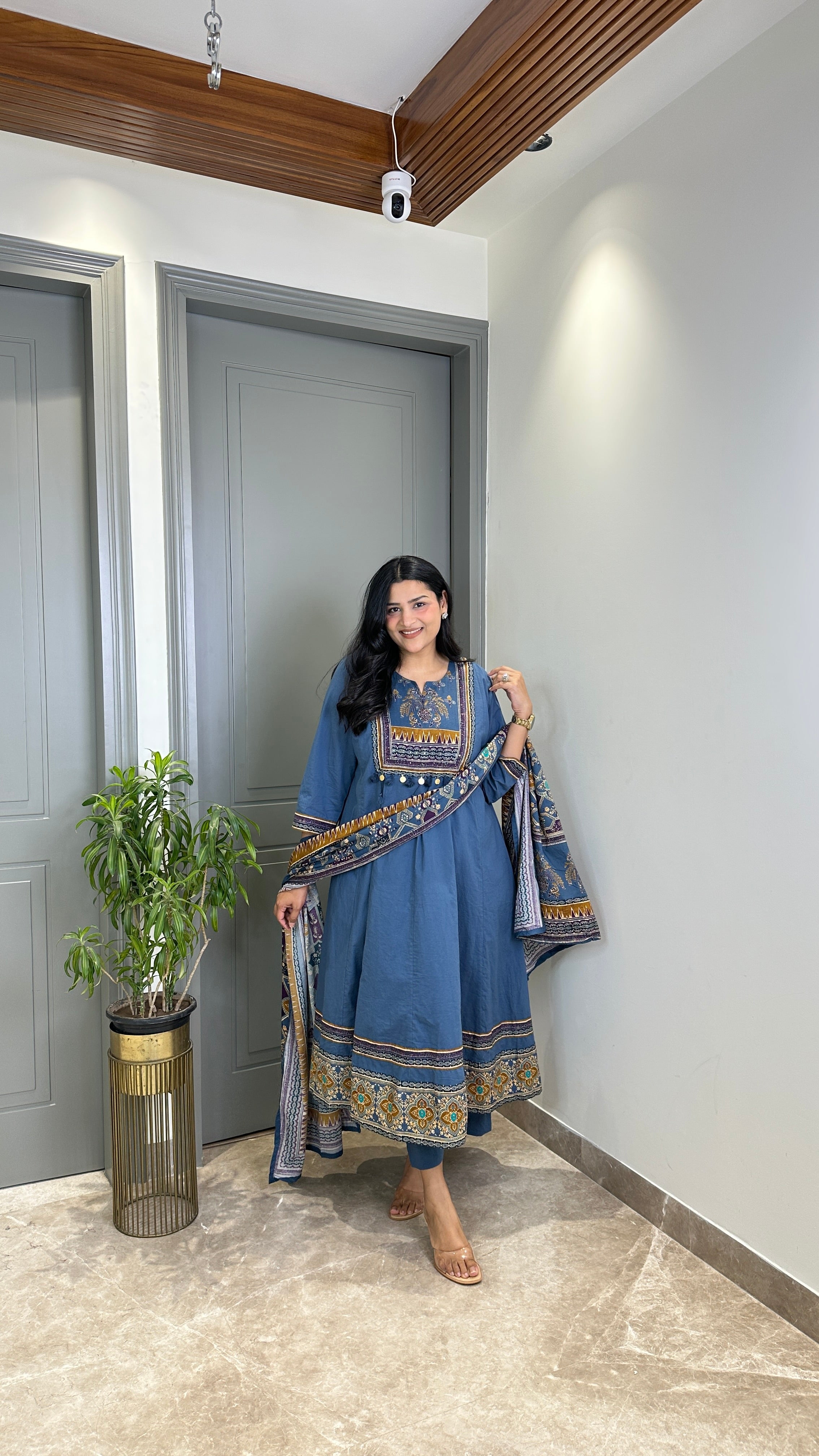 Teal Ajrakh Pure Ccotton Anarkali Suit Set shrisa.in