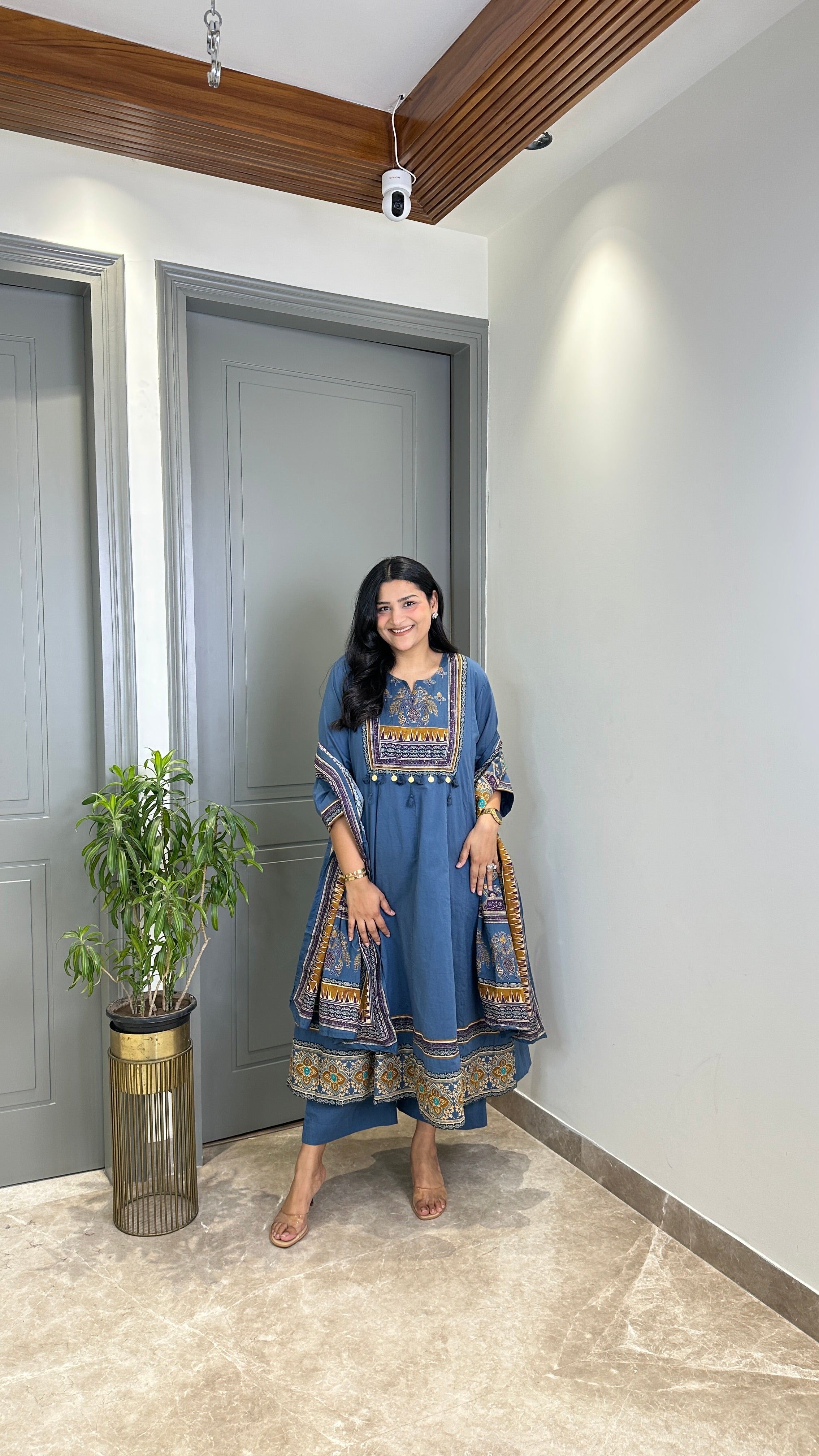Teal Ajrakh Pure Ccotton Anarkali Suit Set shrisa.in