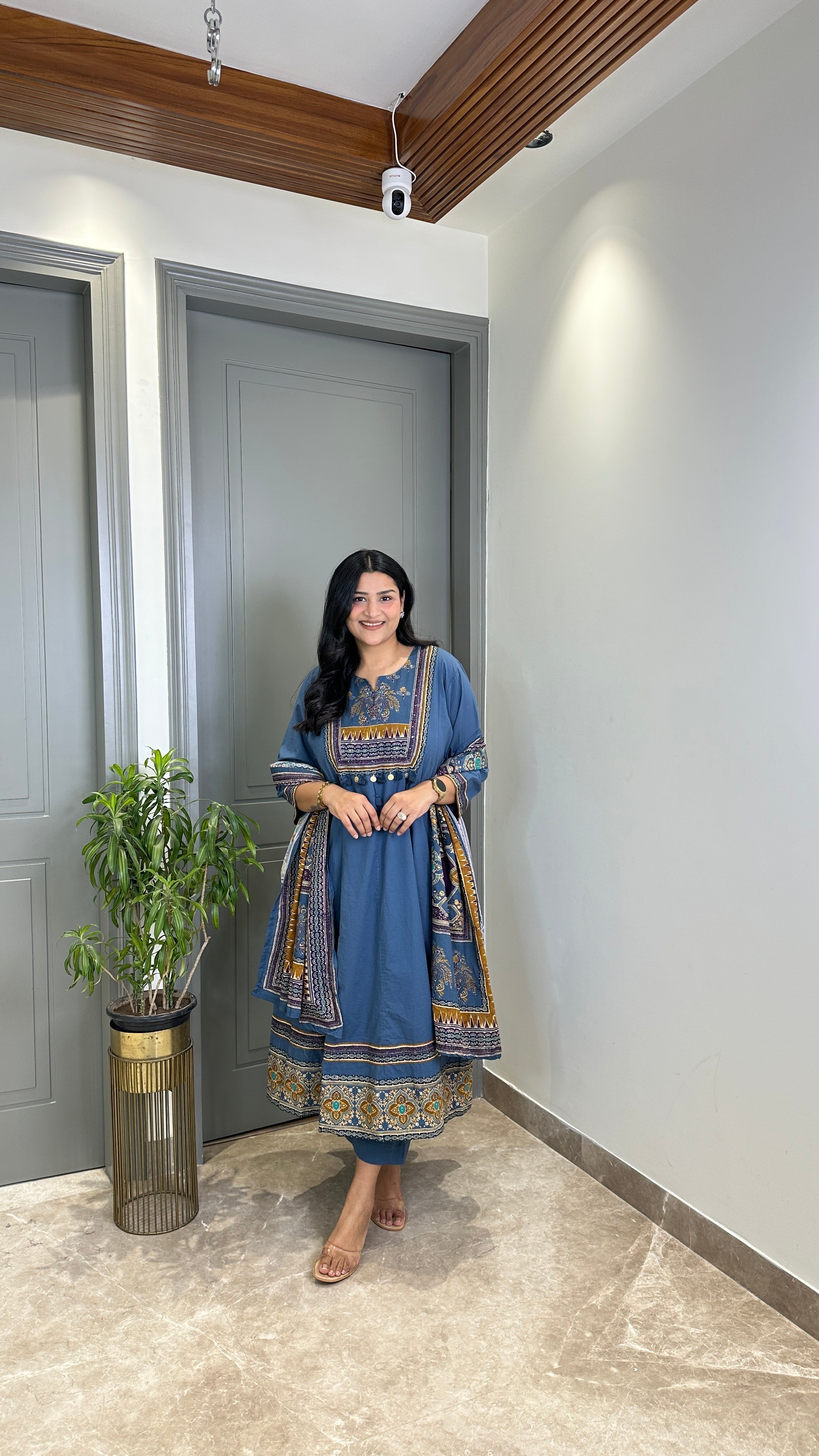 Teal Ajrakh Pure Ccotton Anarkali Suit Set shrisa.in