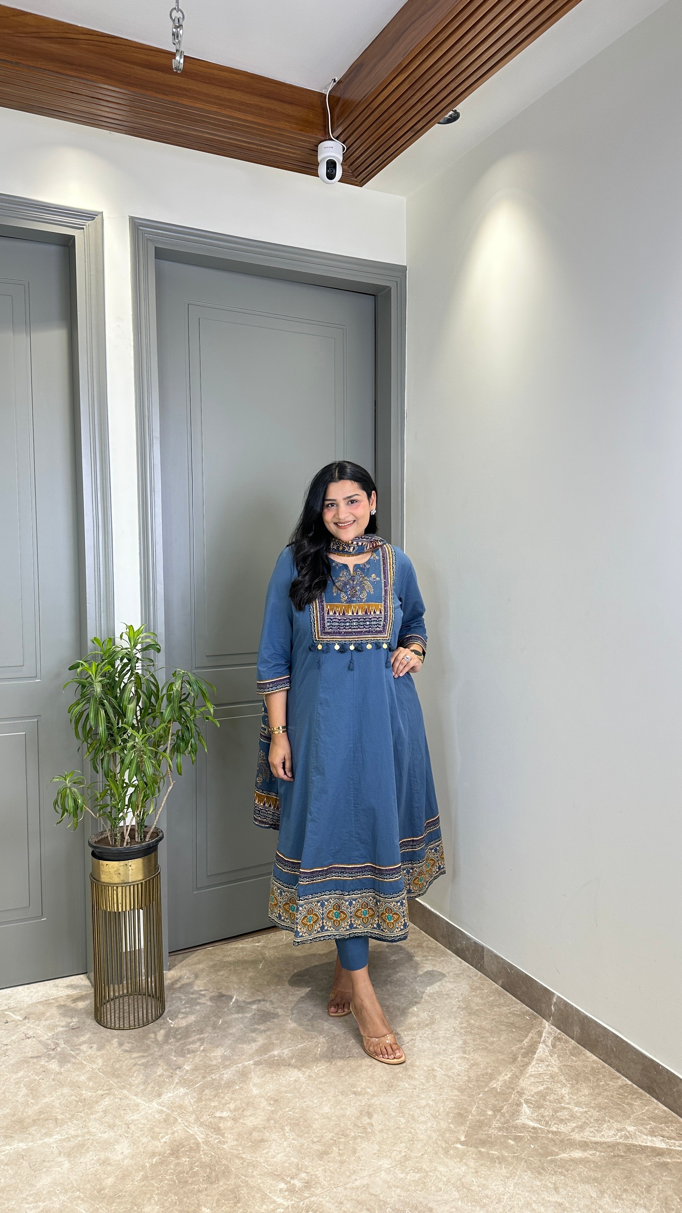 Teal Ajrakh Pure Ccotton Anarkali Suit Set shrisa.in