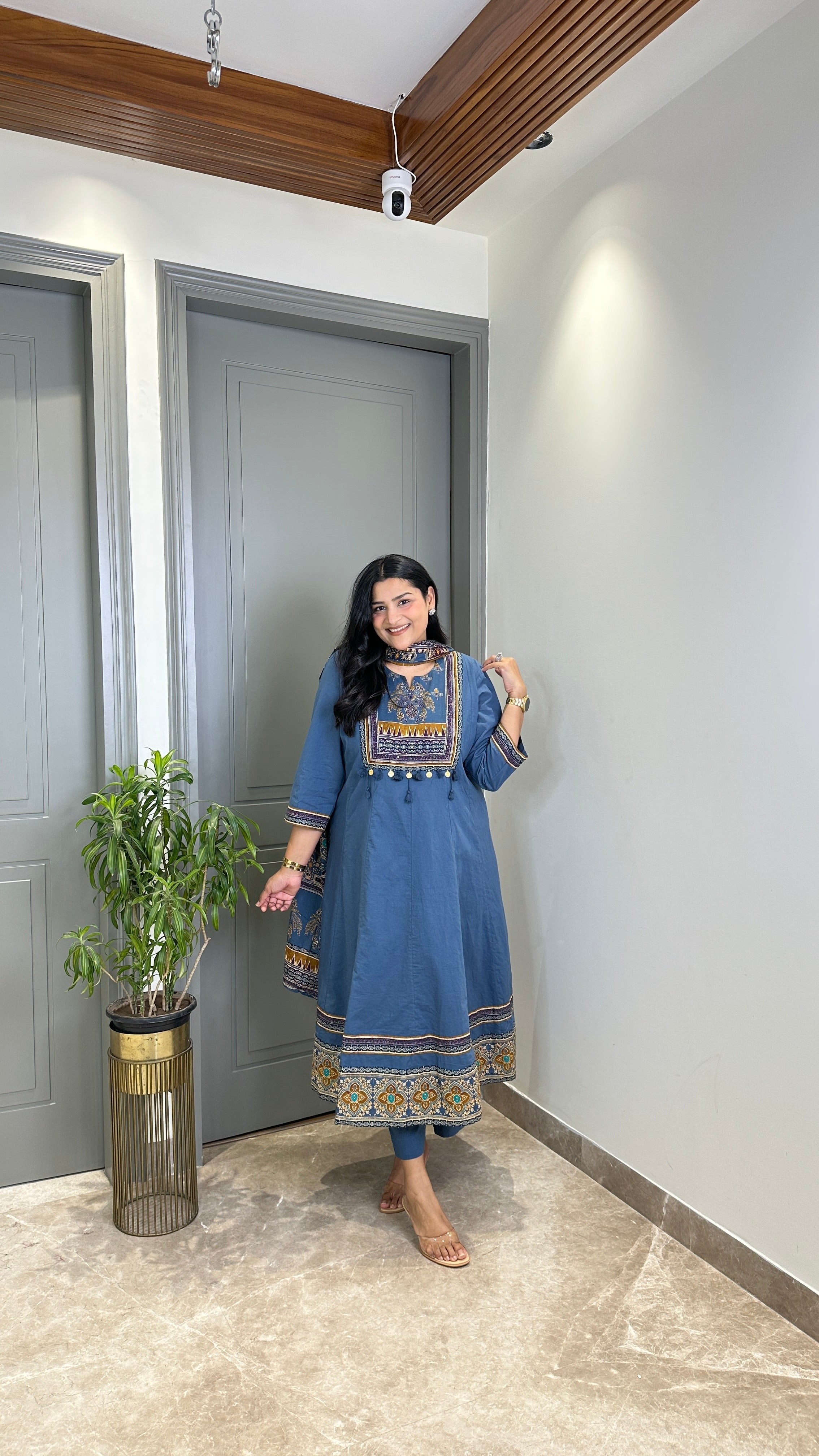Teal Ajrakh Pure Ccotton Anarkali Suit Set shrisa.in