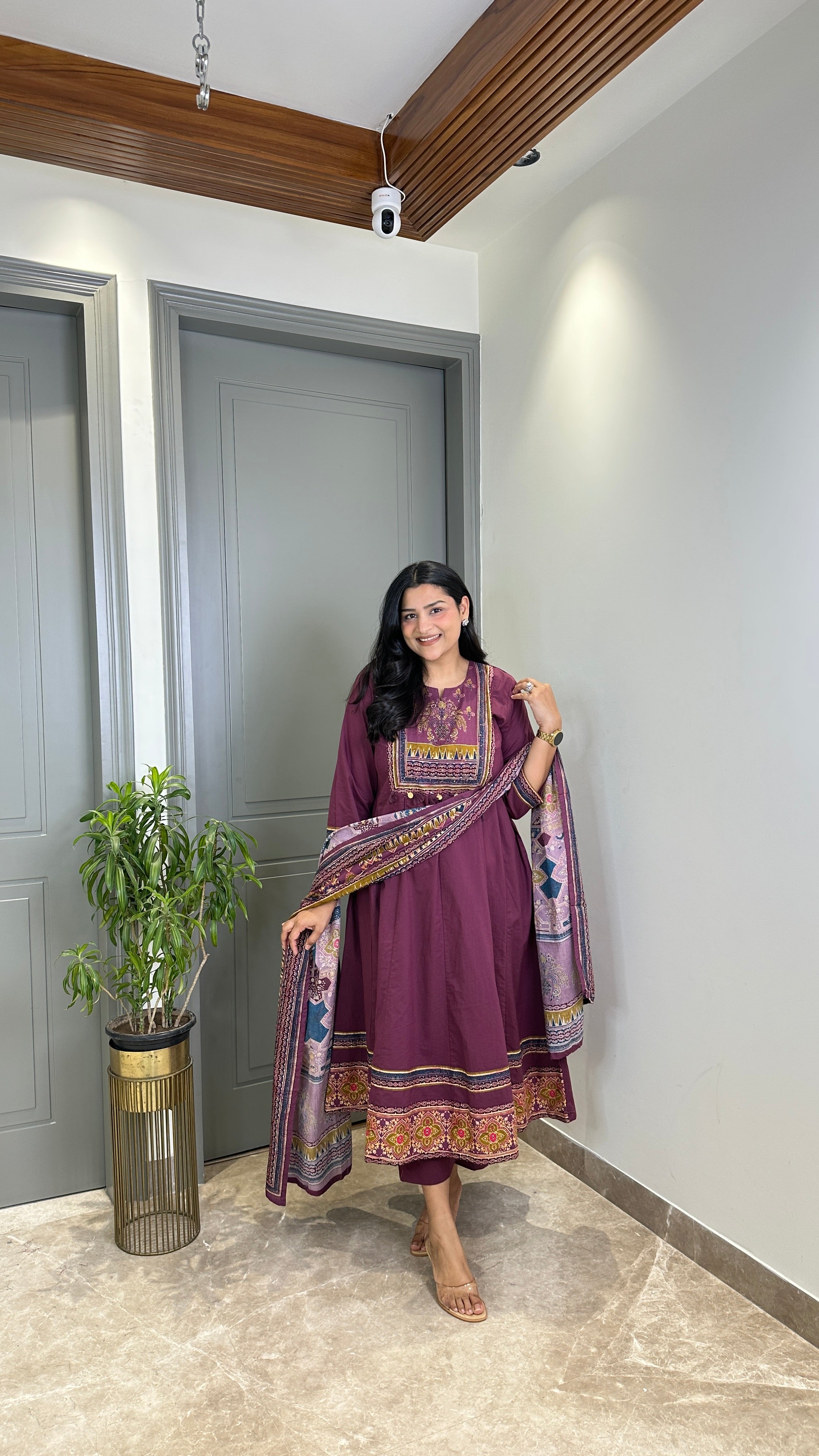 Wine Ajrakh Pure Cotton Anarkali Suit Set shrisa.in