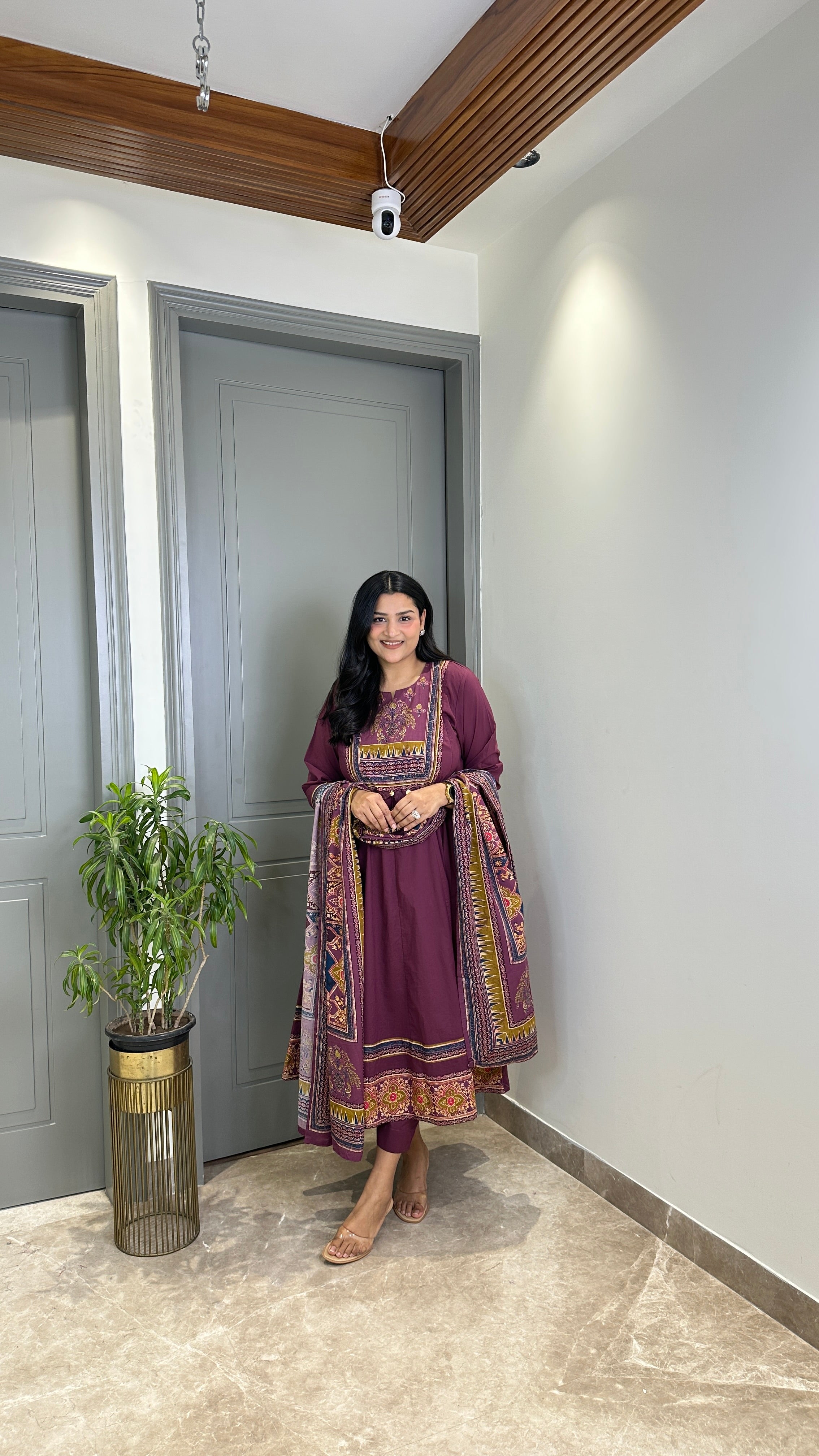 Wine Ajrakh Pure Cotton Anarkali Suit Set shrisa.in