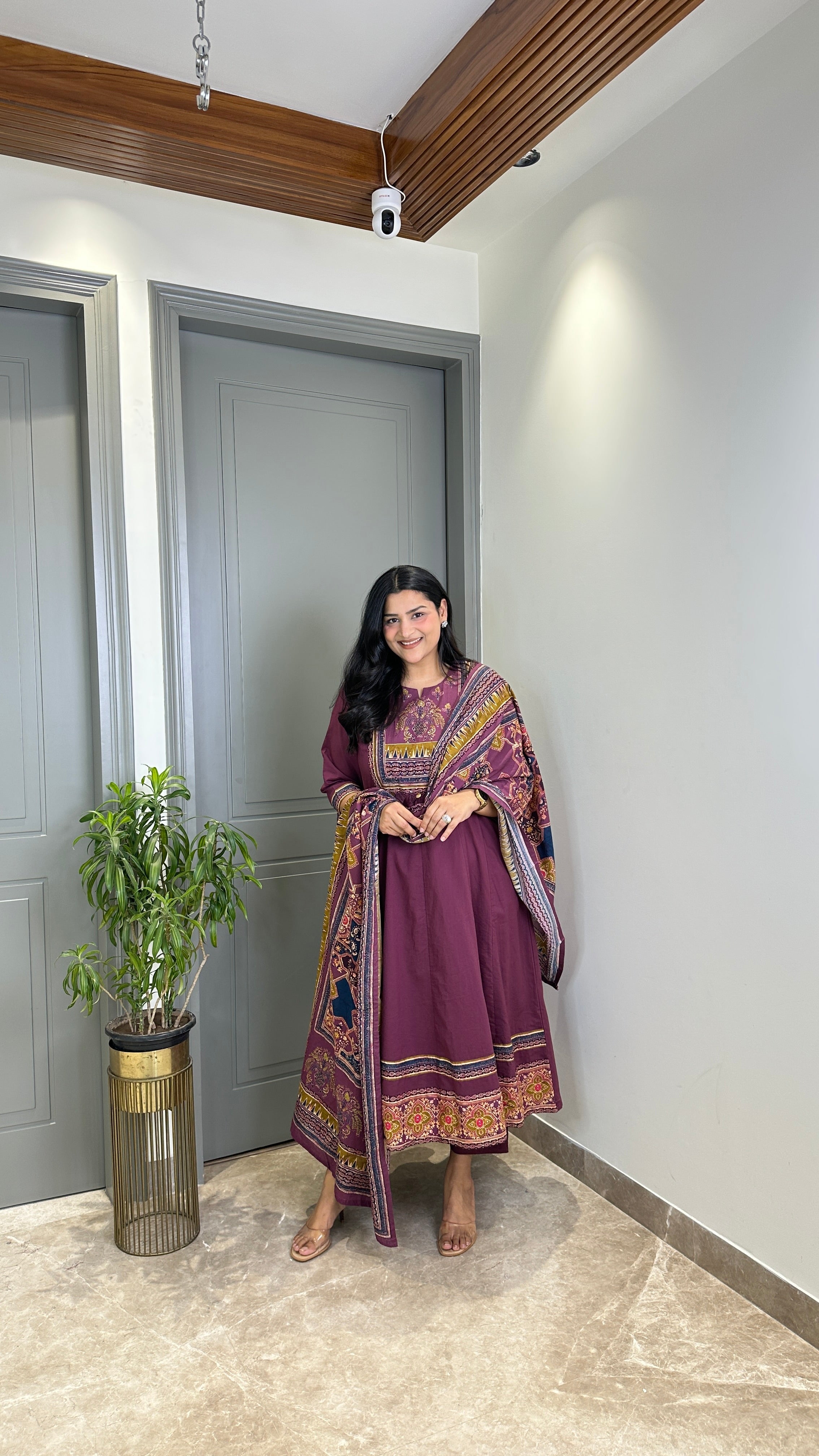 Wine Ajrakh Pure Cotton Anarkali Suit Set shrisa.in