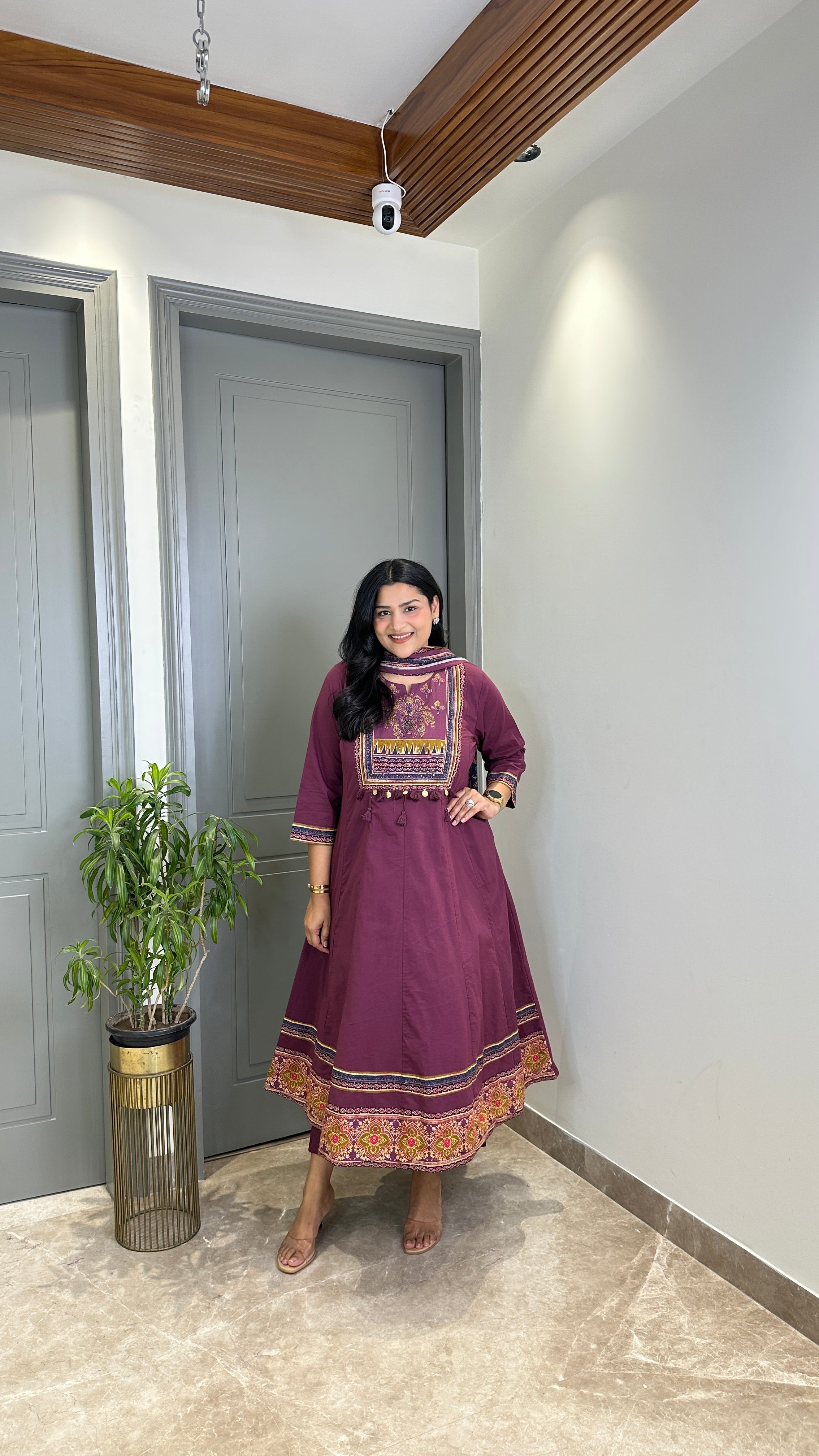 Wine Ajrakh Pure Cotton Anarkali Suit Set shrisa.in