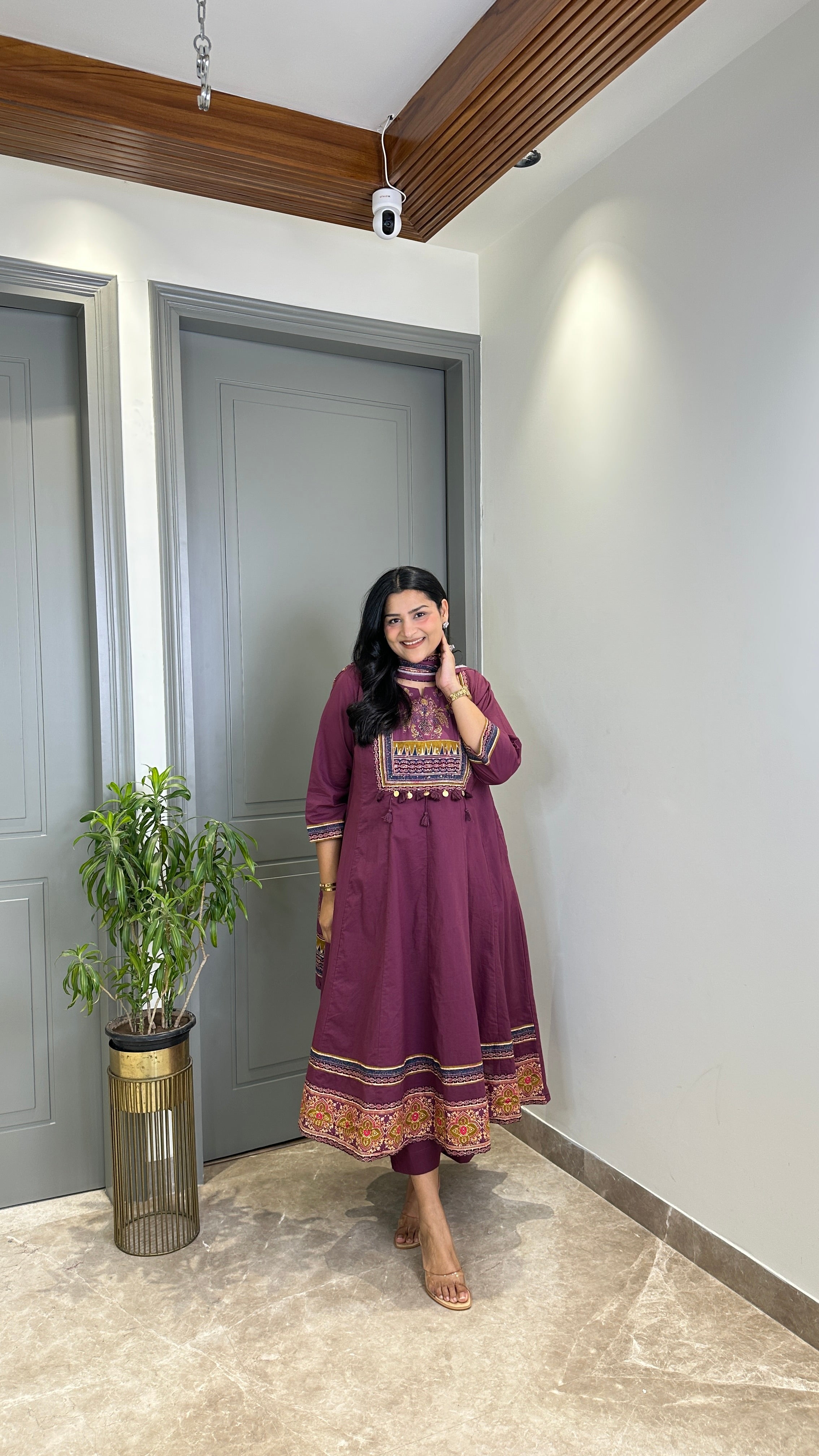 Wine Ajrakh Pure Cotton Anarkali Suit Set shrisa.in