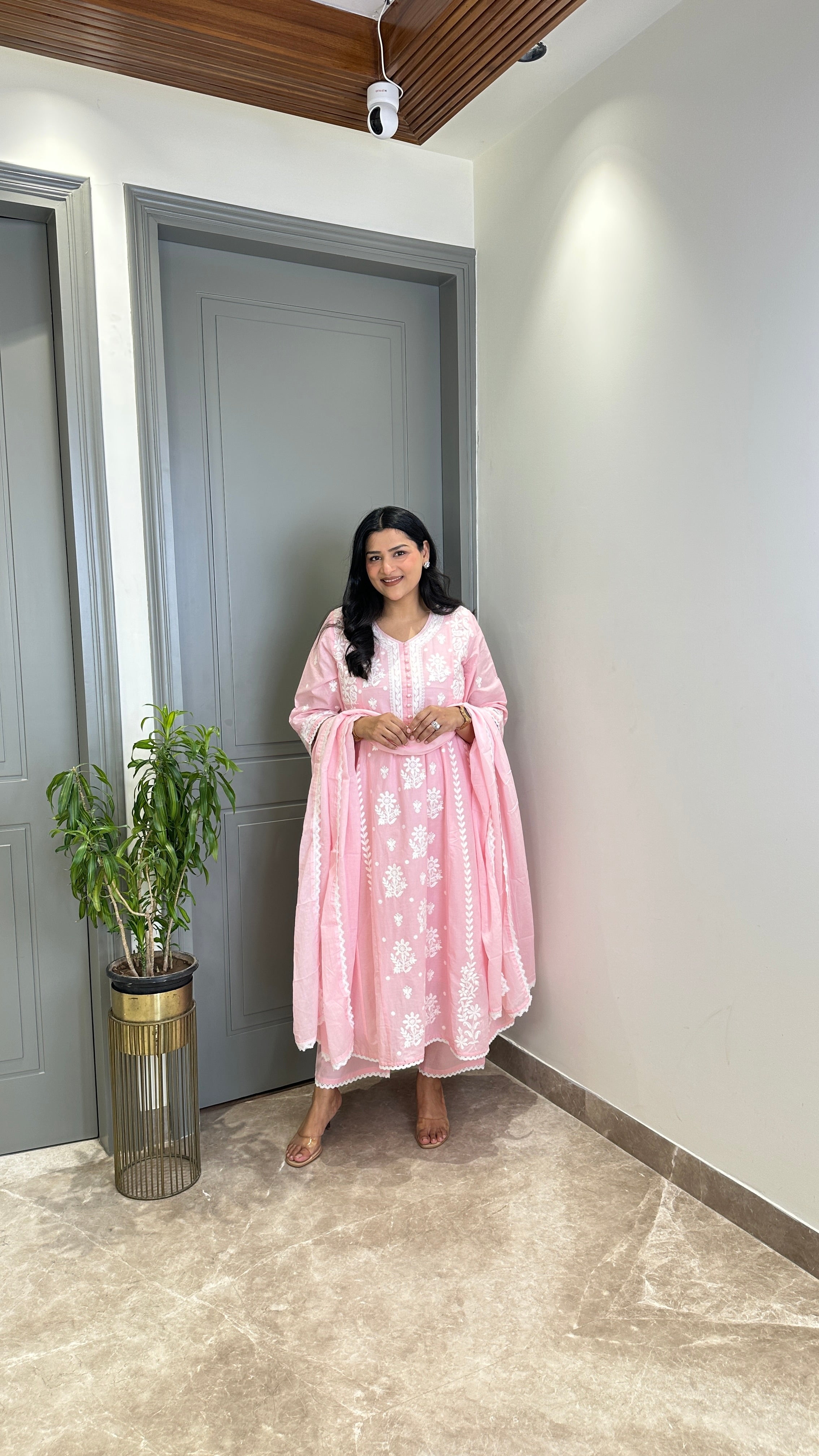Powder Pink Lucknavi Anarkali Suit Set shrisa.in