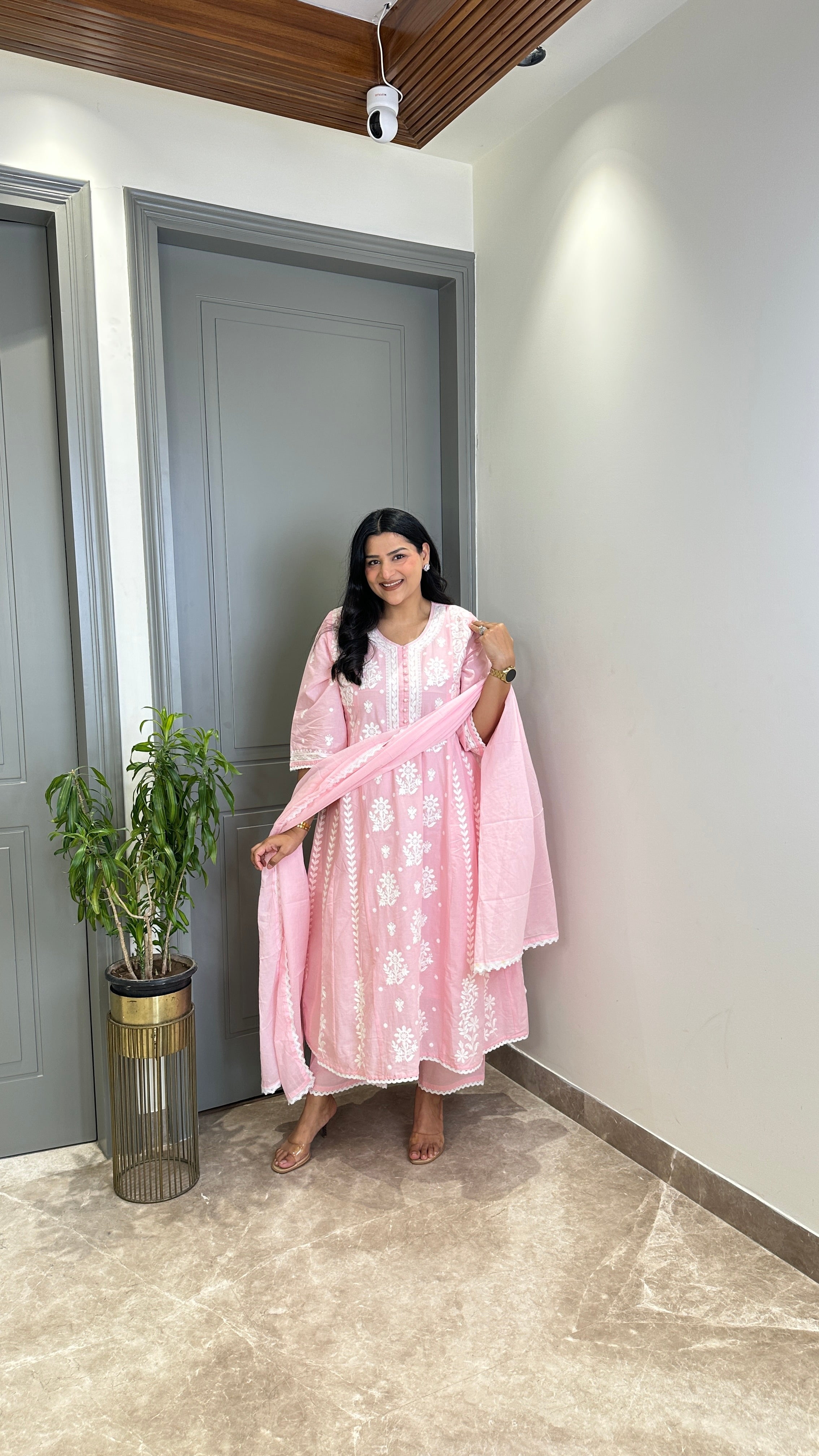 Powder Pink Lucknavi Anarkali Suit Set shrisa.in