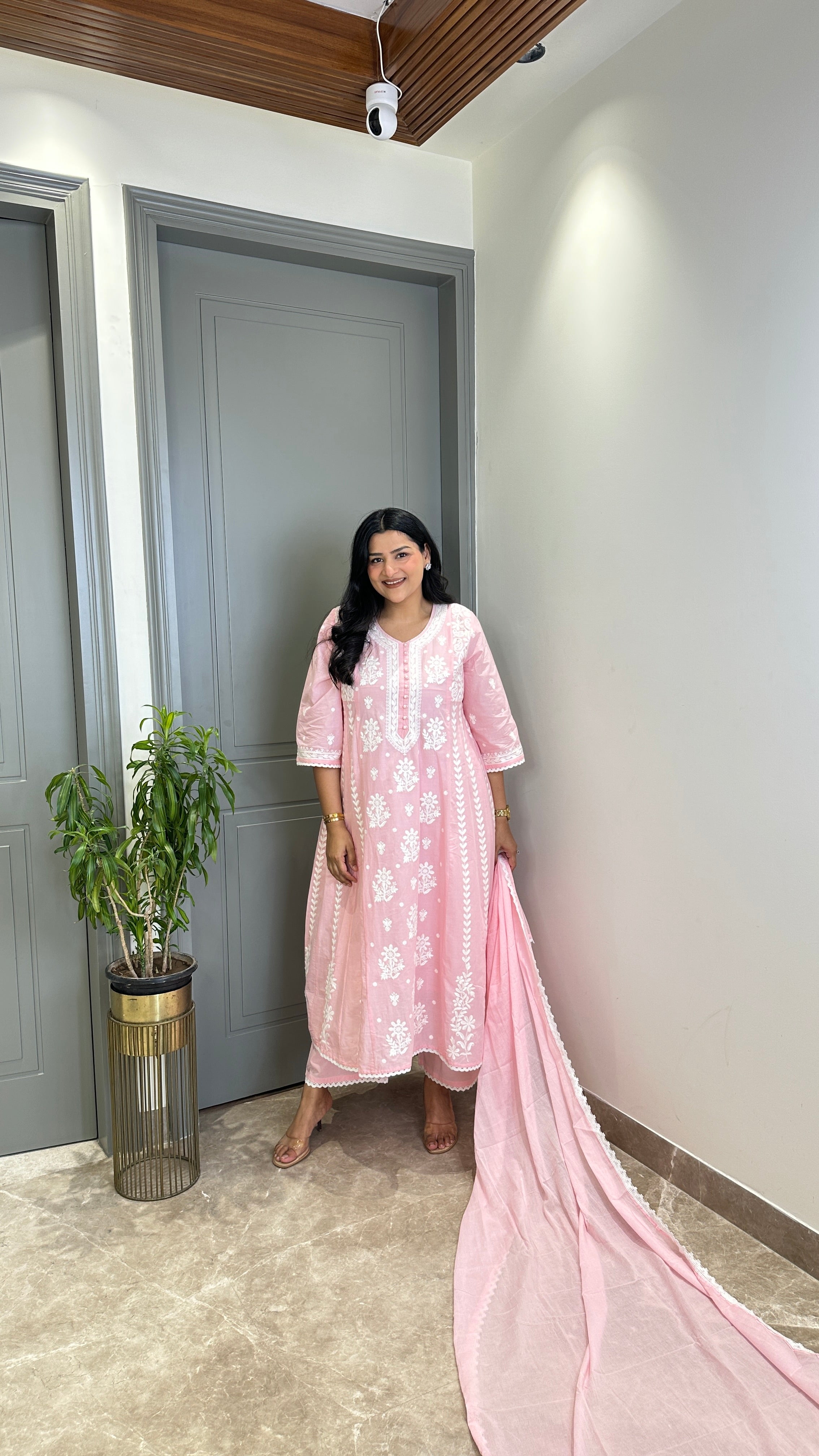 Powder Pink Lucknavi Anarkali Suit Set shrisa.in