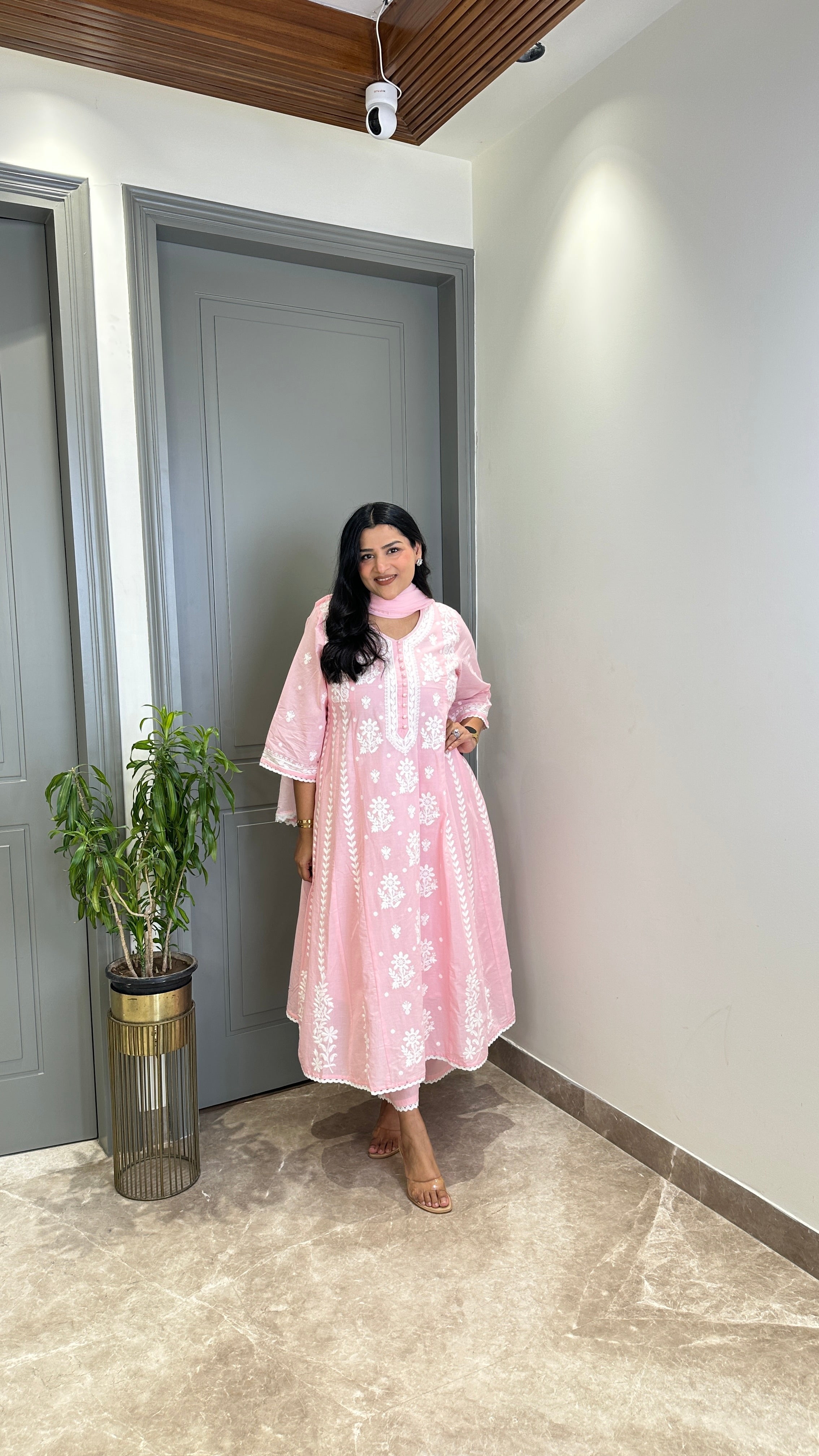 Powder Pink Lucknavi Anarkali Suit Set shrisa.in