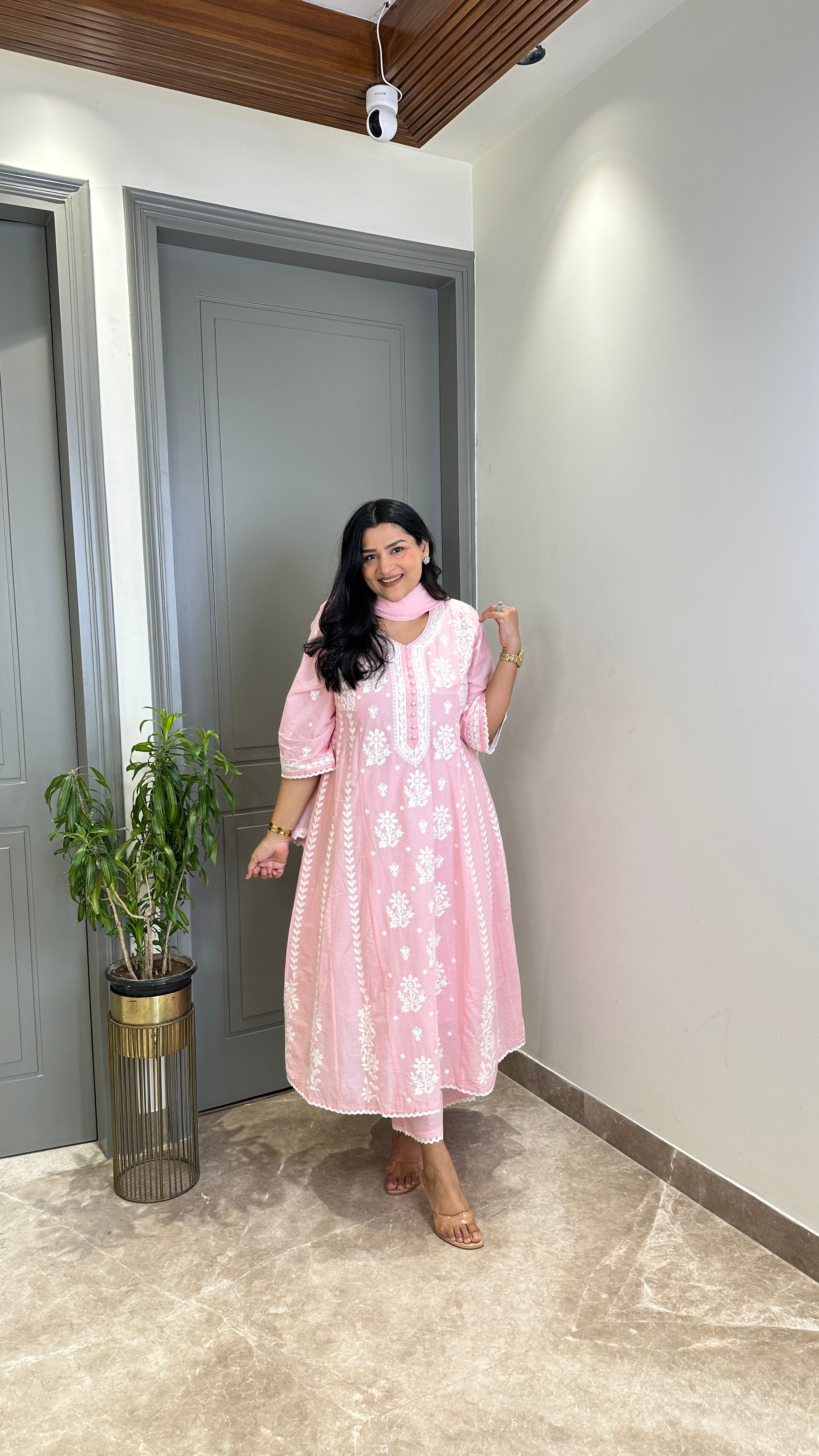 Powder Pink Lucknavi Anarkali Suit Set shrisa.in