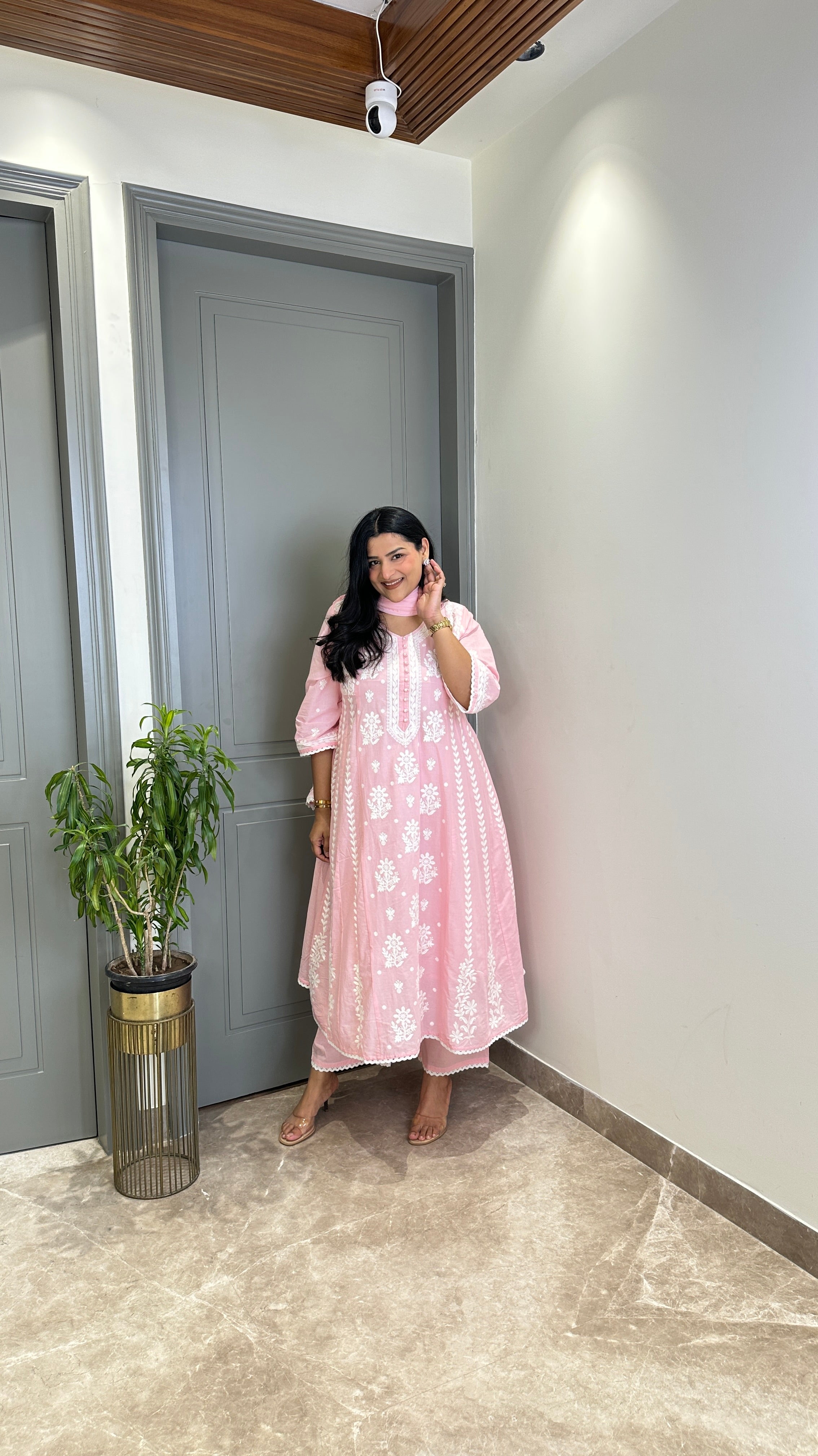 Powder Pink Lucknavi Anarkali Suit Set shrisa.in