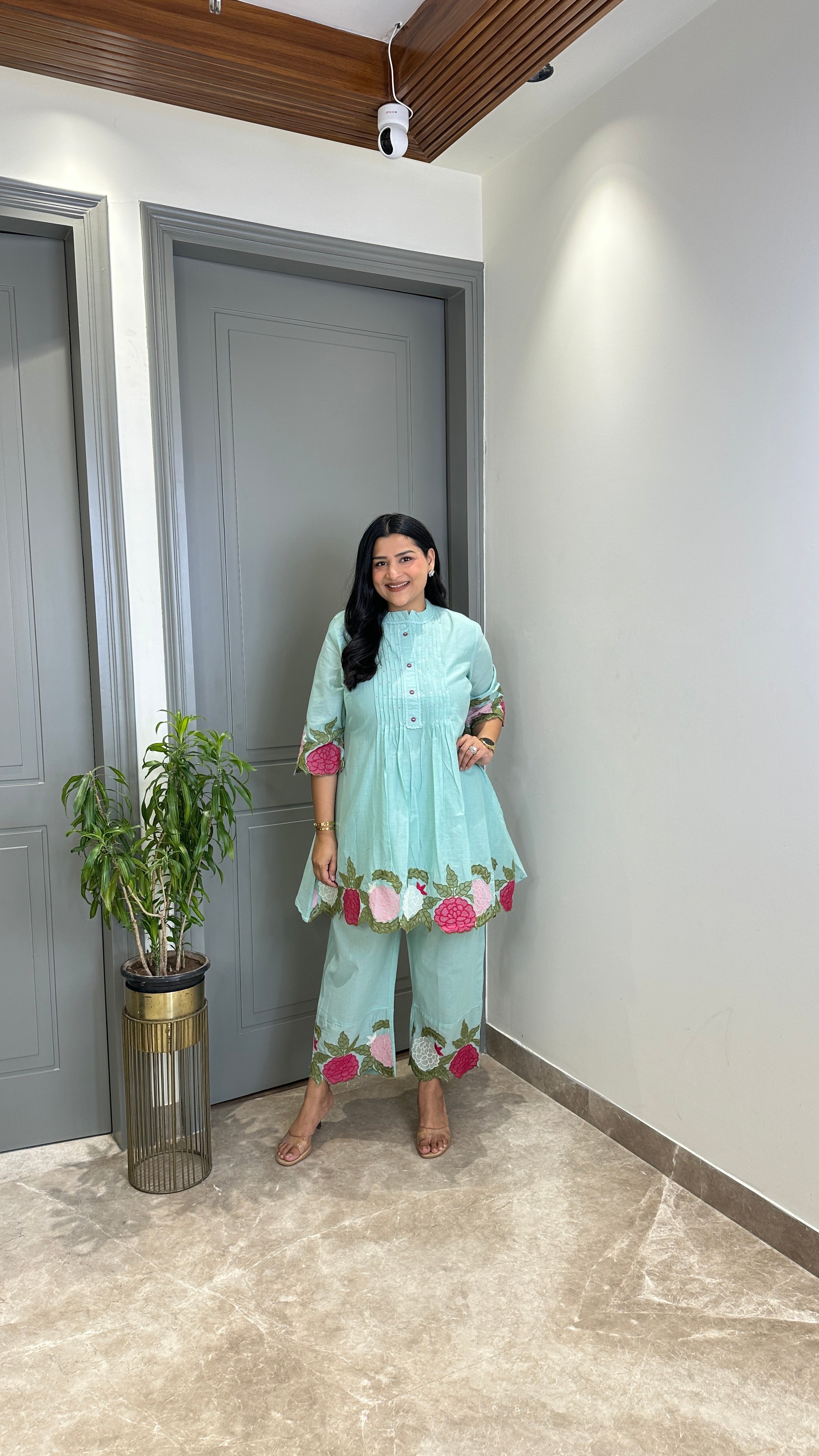 Powder Blue Floral Mul Cord Set shrisa.in