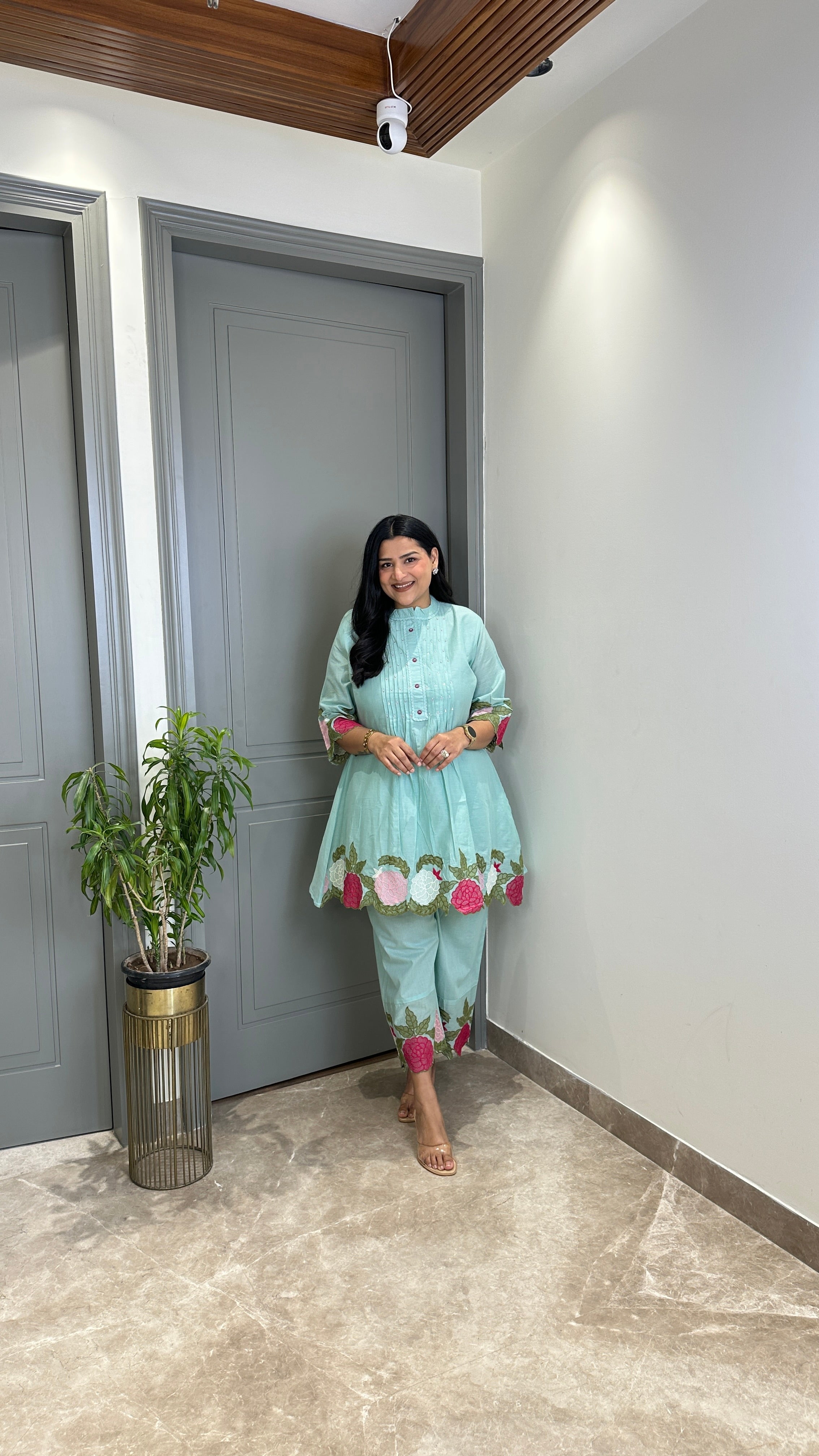 Powder Blue Floral Mul Cord Set shrisa.in