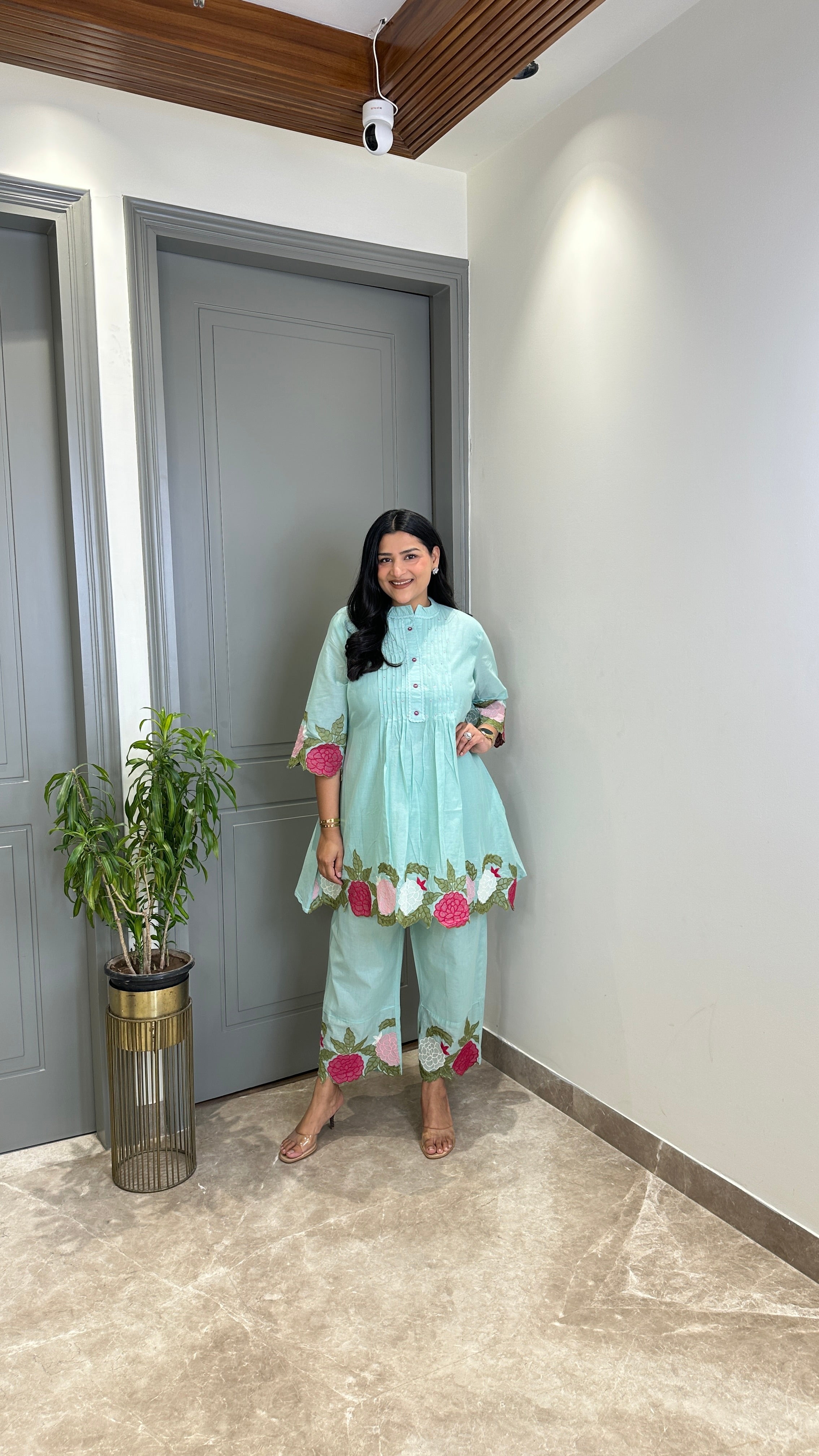 Powder Blue Floral Mul Cord Set shrisa.in