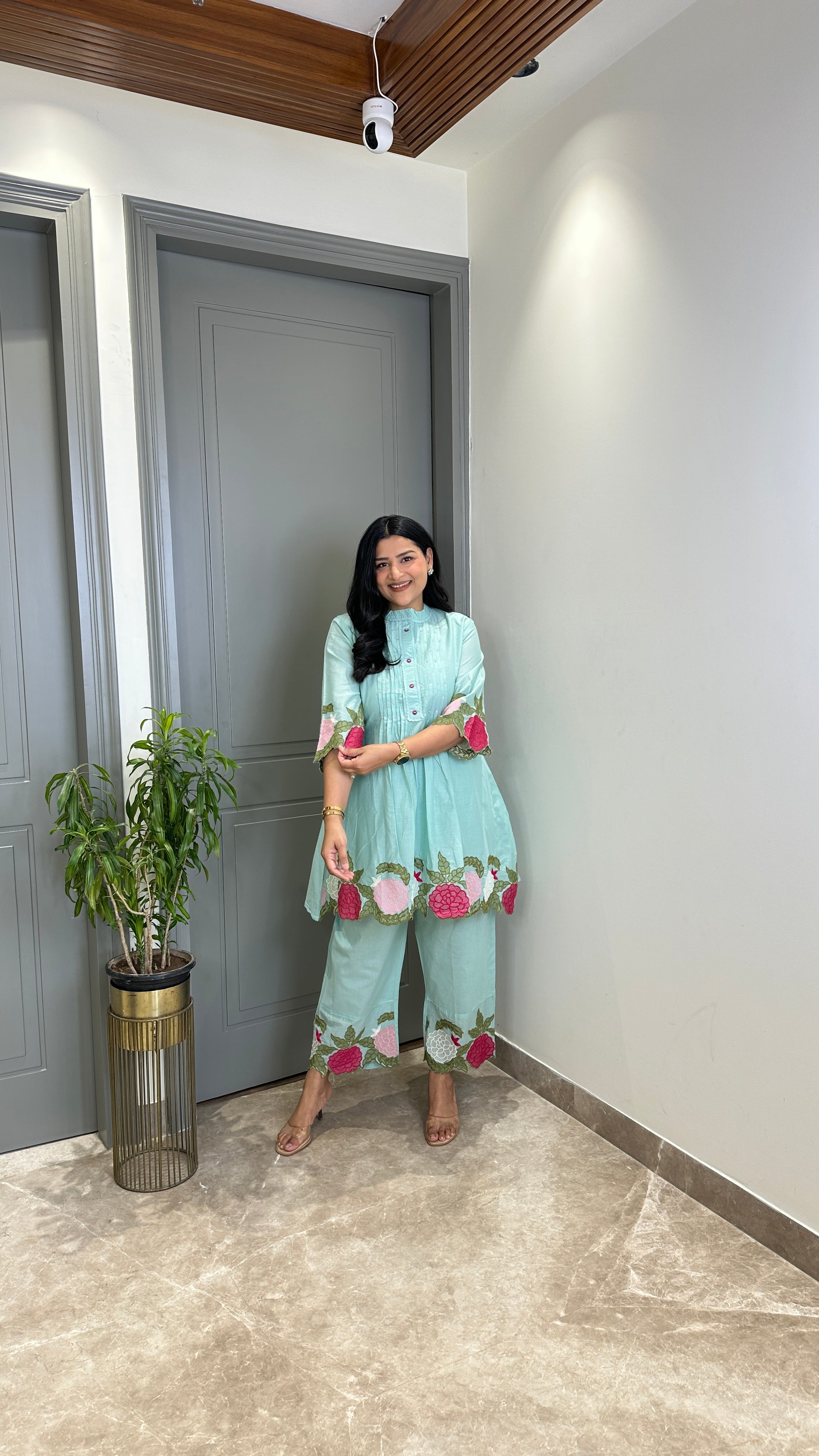 Powder Blue Floral Mul Cord Set shrisa.in