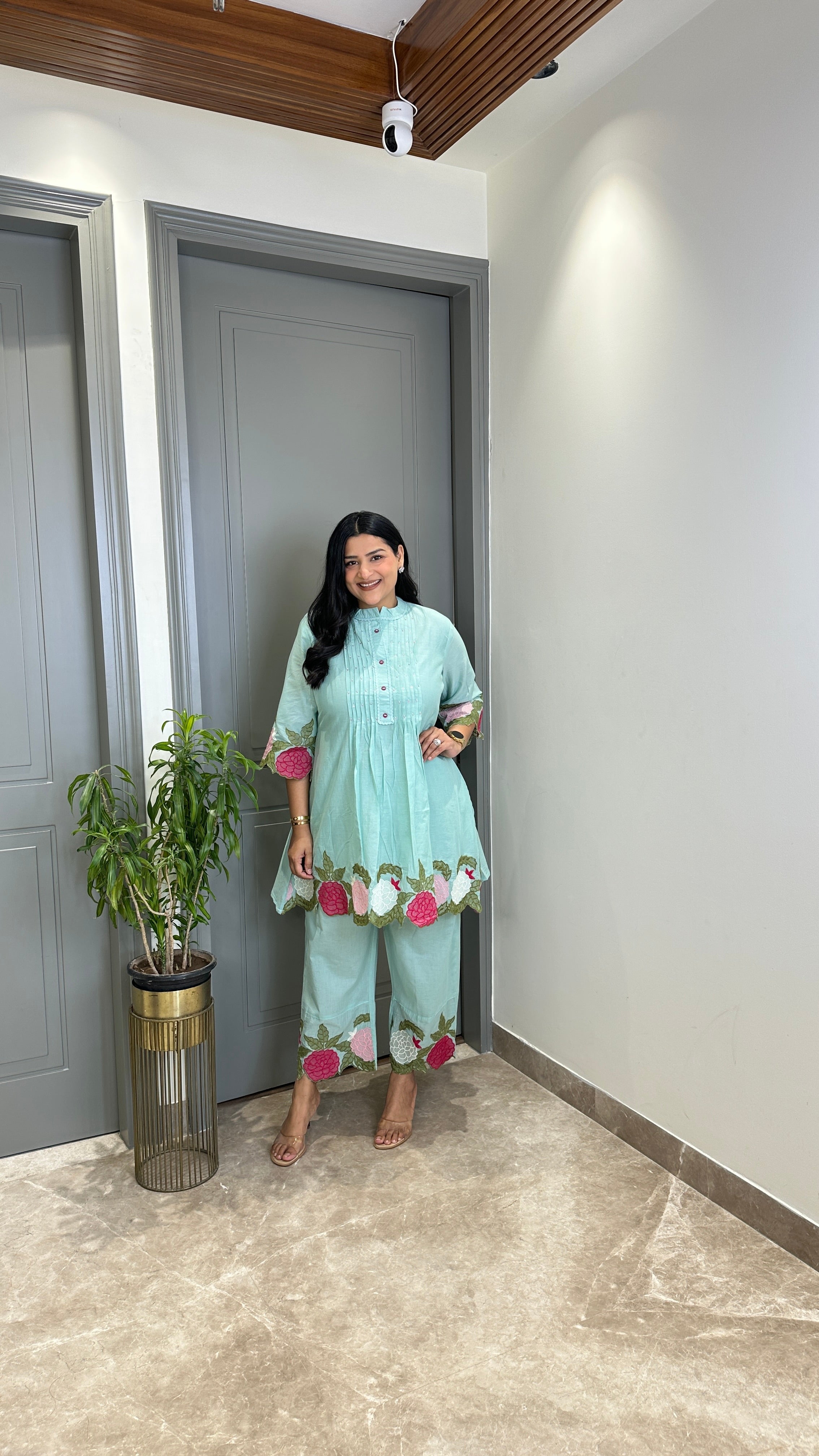 Powder Blue Floral Mul Cord Set shrisa.in