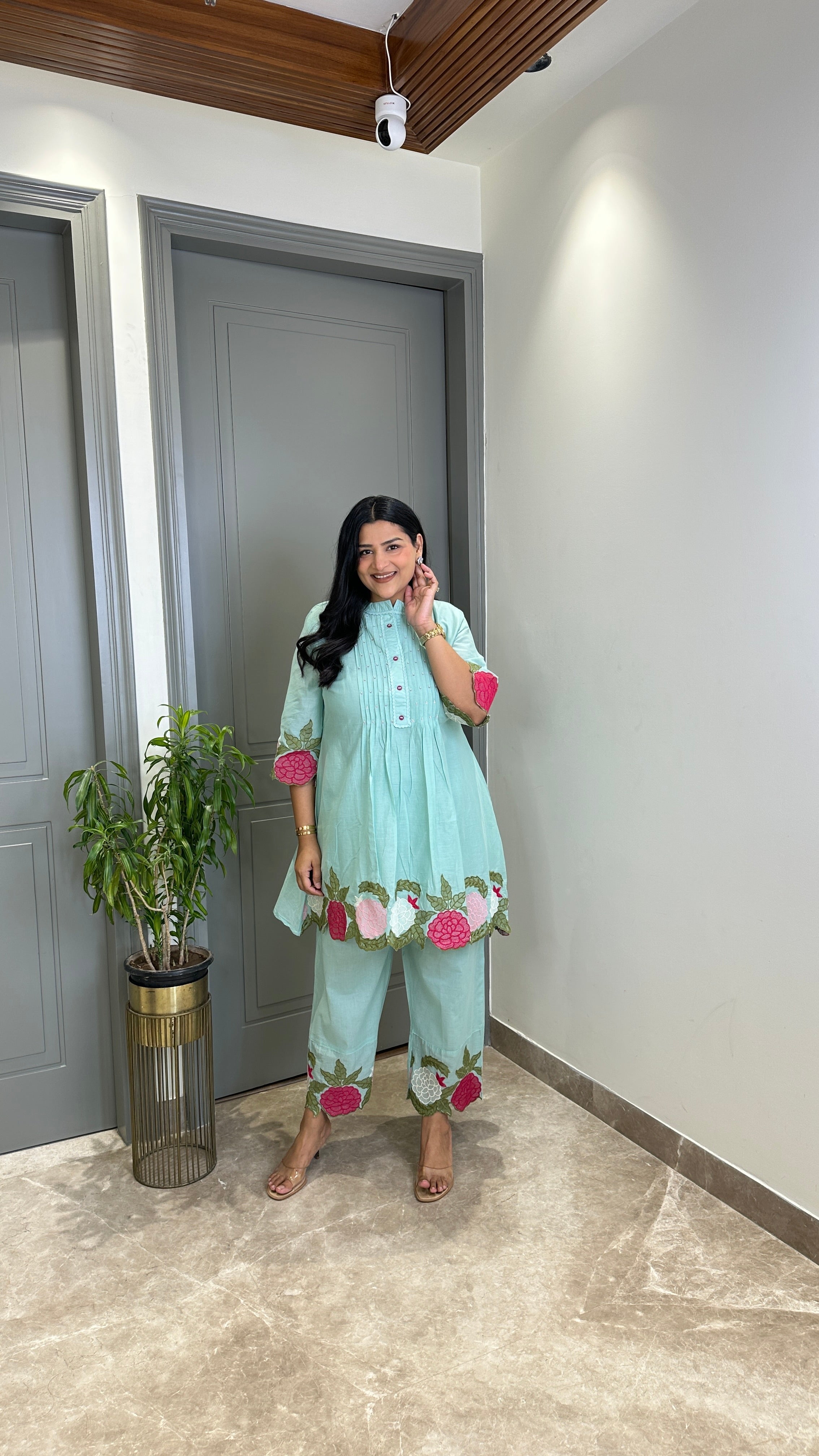 Powder Blue Floral Mul Cord Set shrisa.in
