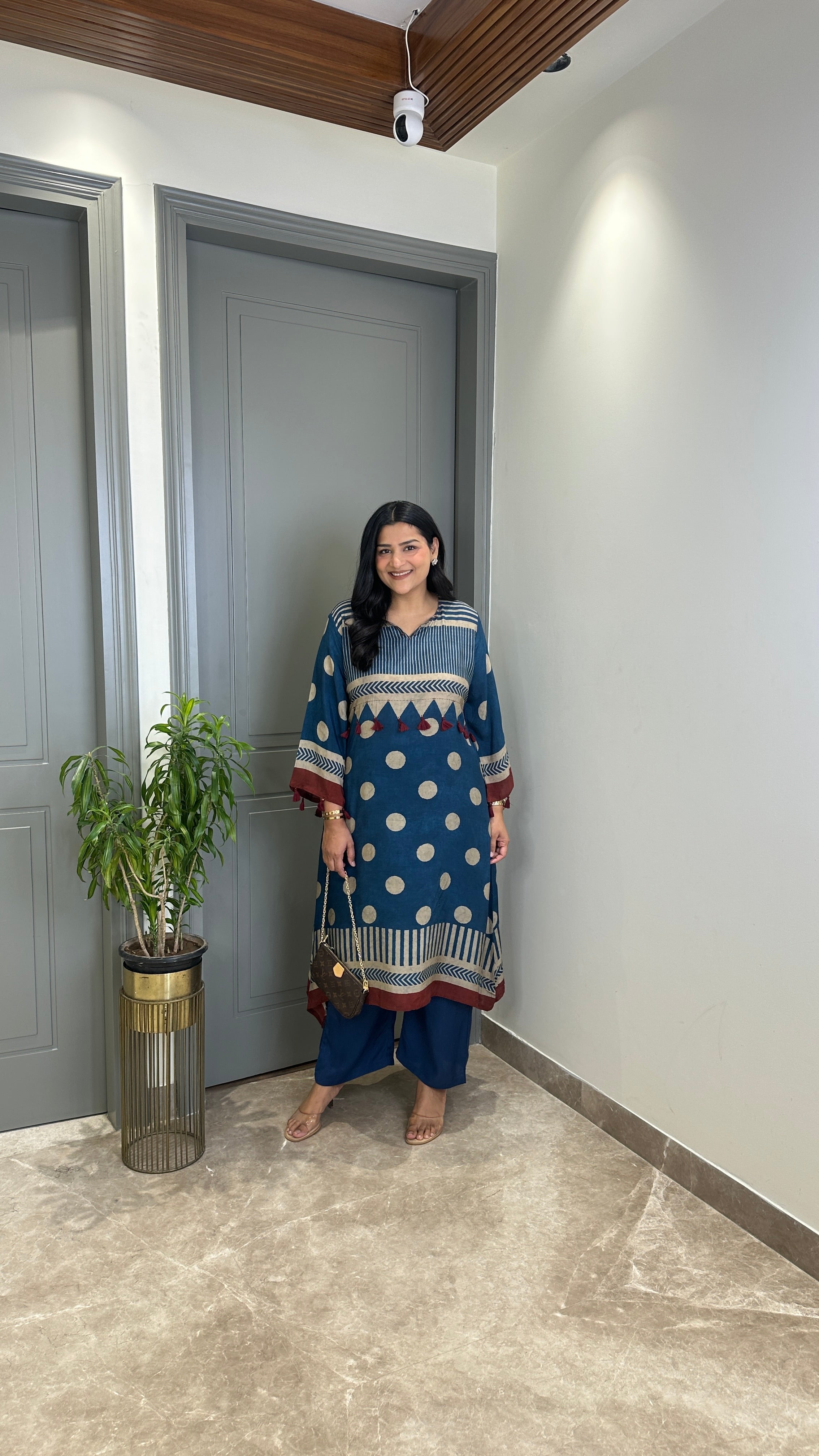 Grey and Blue Polka A-Line Kurta Pants shrisa.in