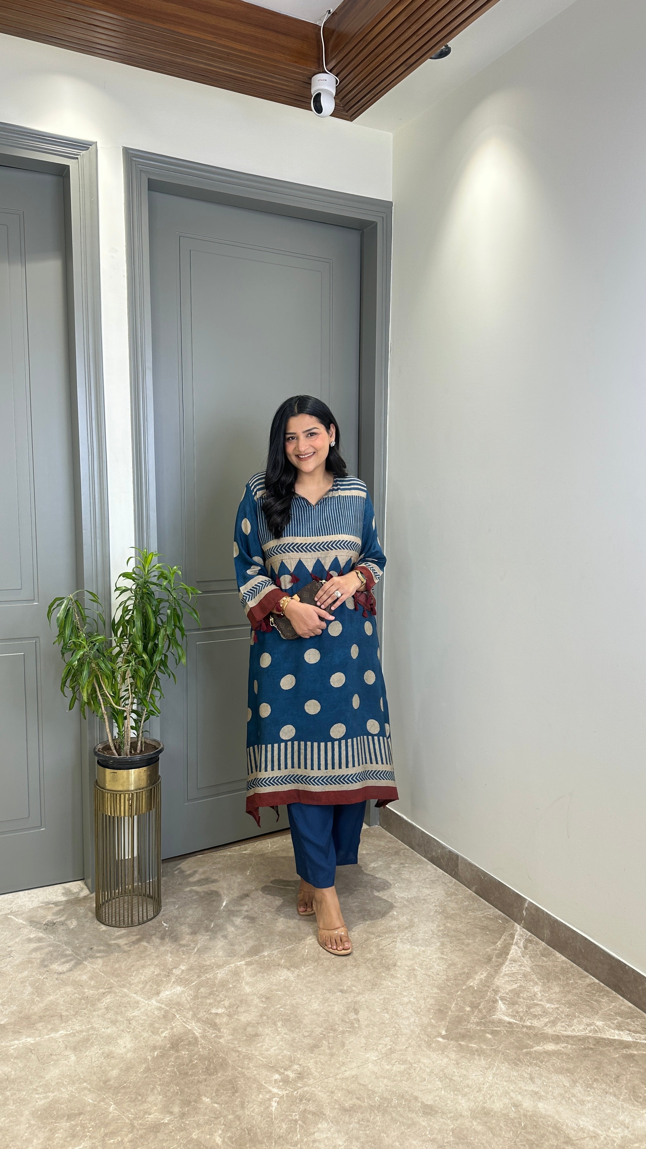 Grey and Blue Polka A-Line Kurta Pants shrisa.in