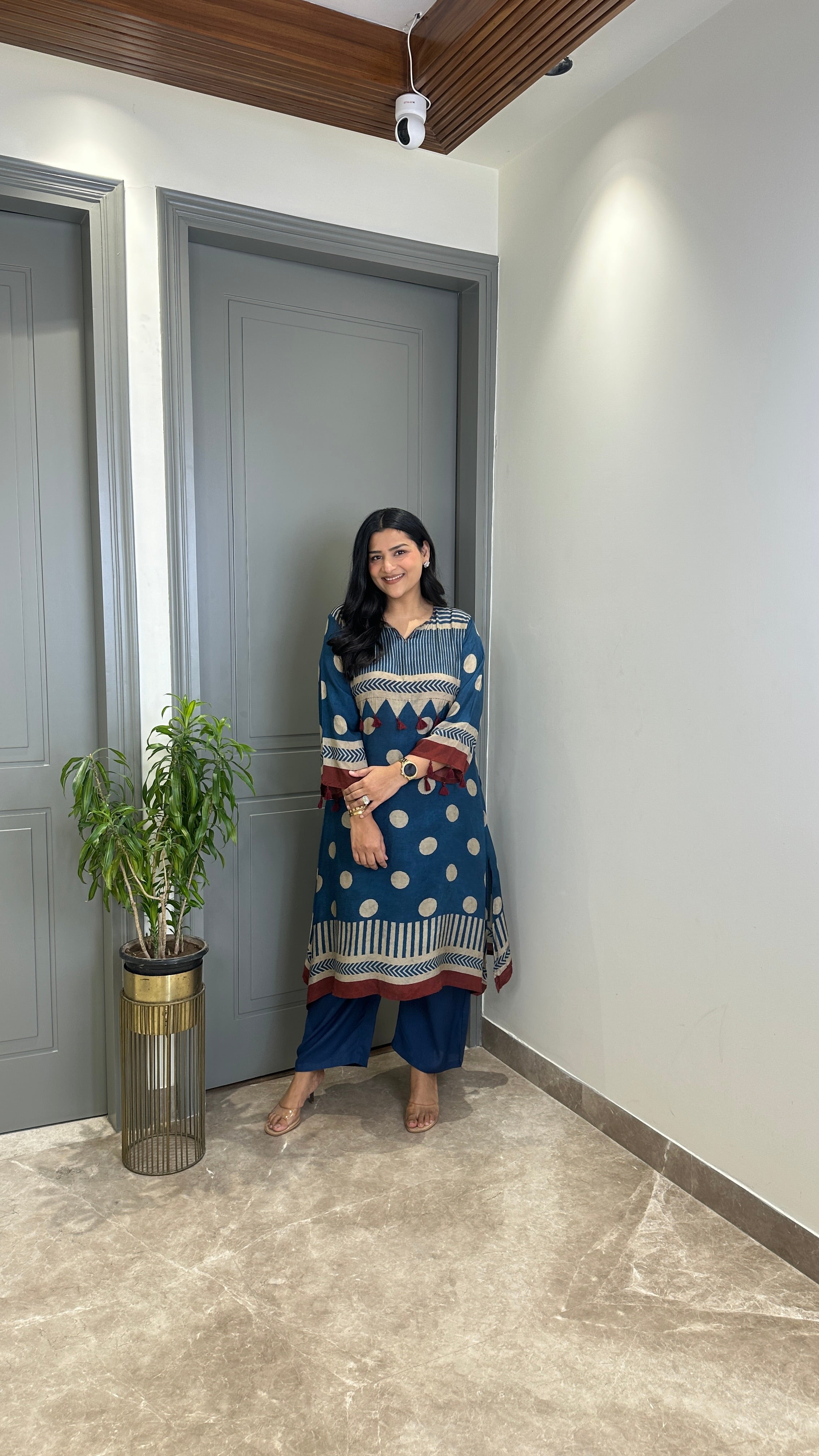 Grey and Blue Polka A-Line Kurta Pants shrisa.in