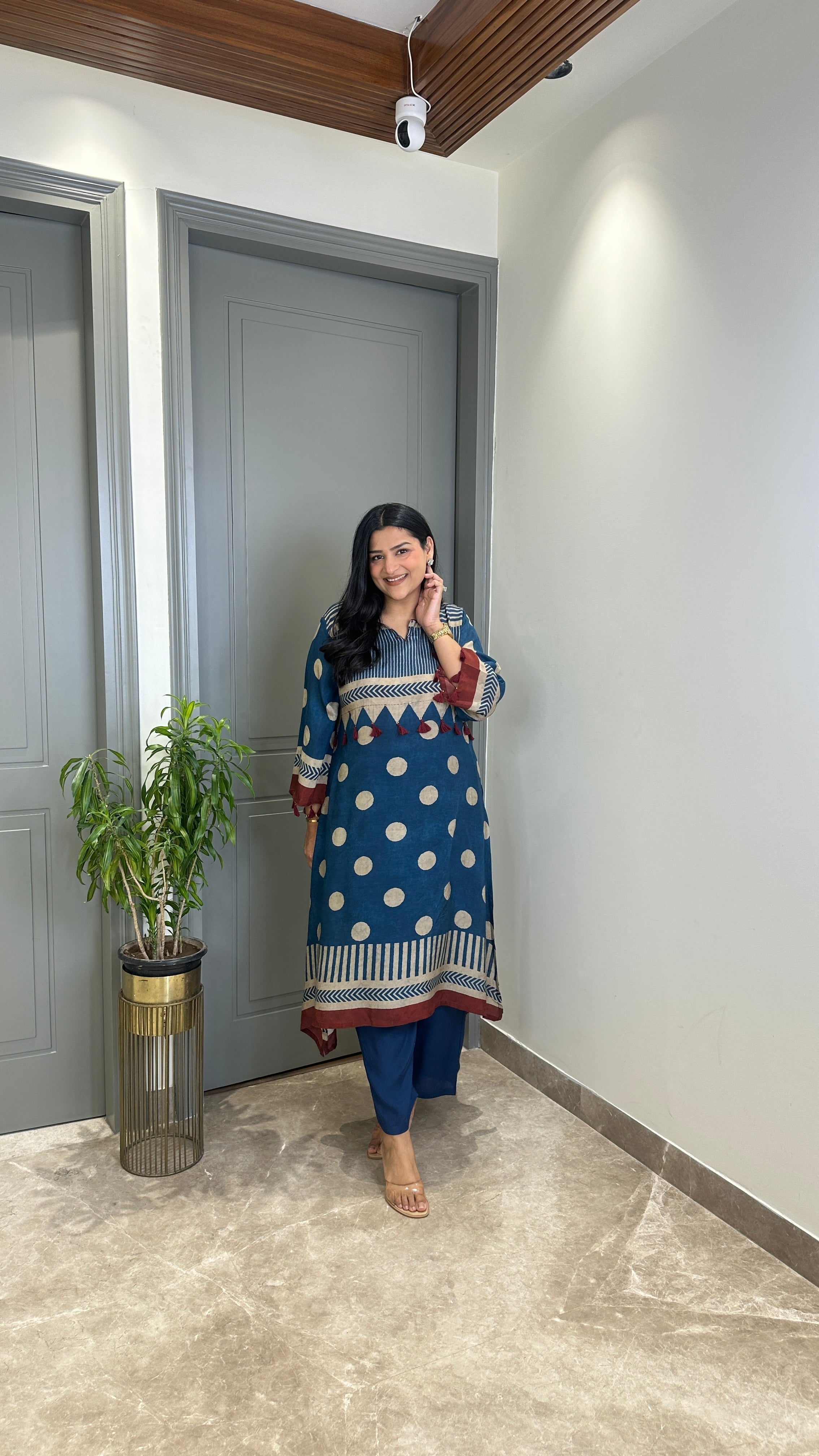 Grey and Blue Polka A-Line Kurta Pants shrisa.in