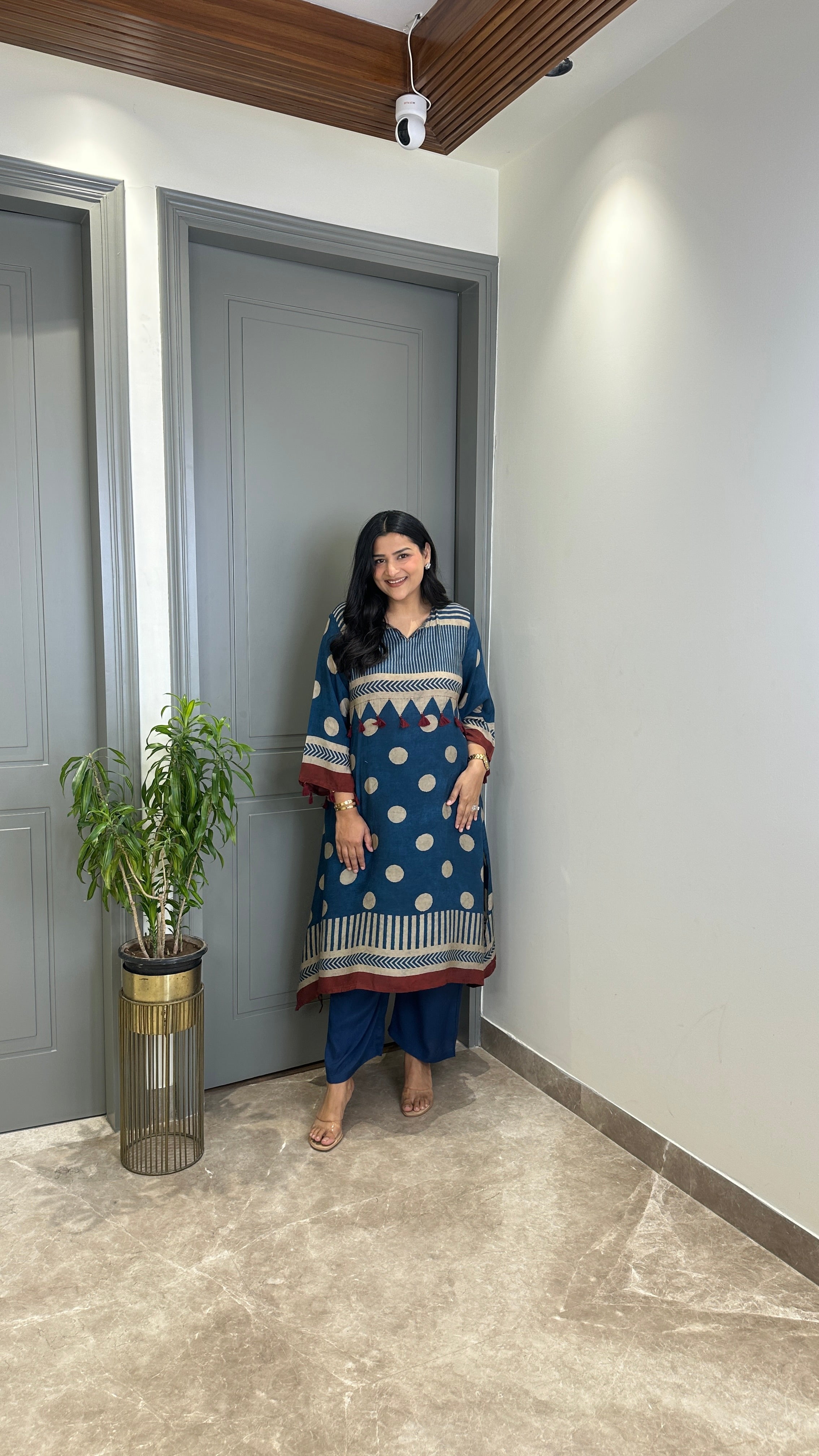 Grey and Blue Polka A-Line Kurta Pants shrisa.in