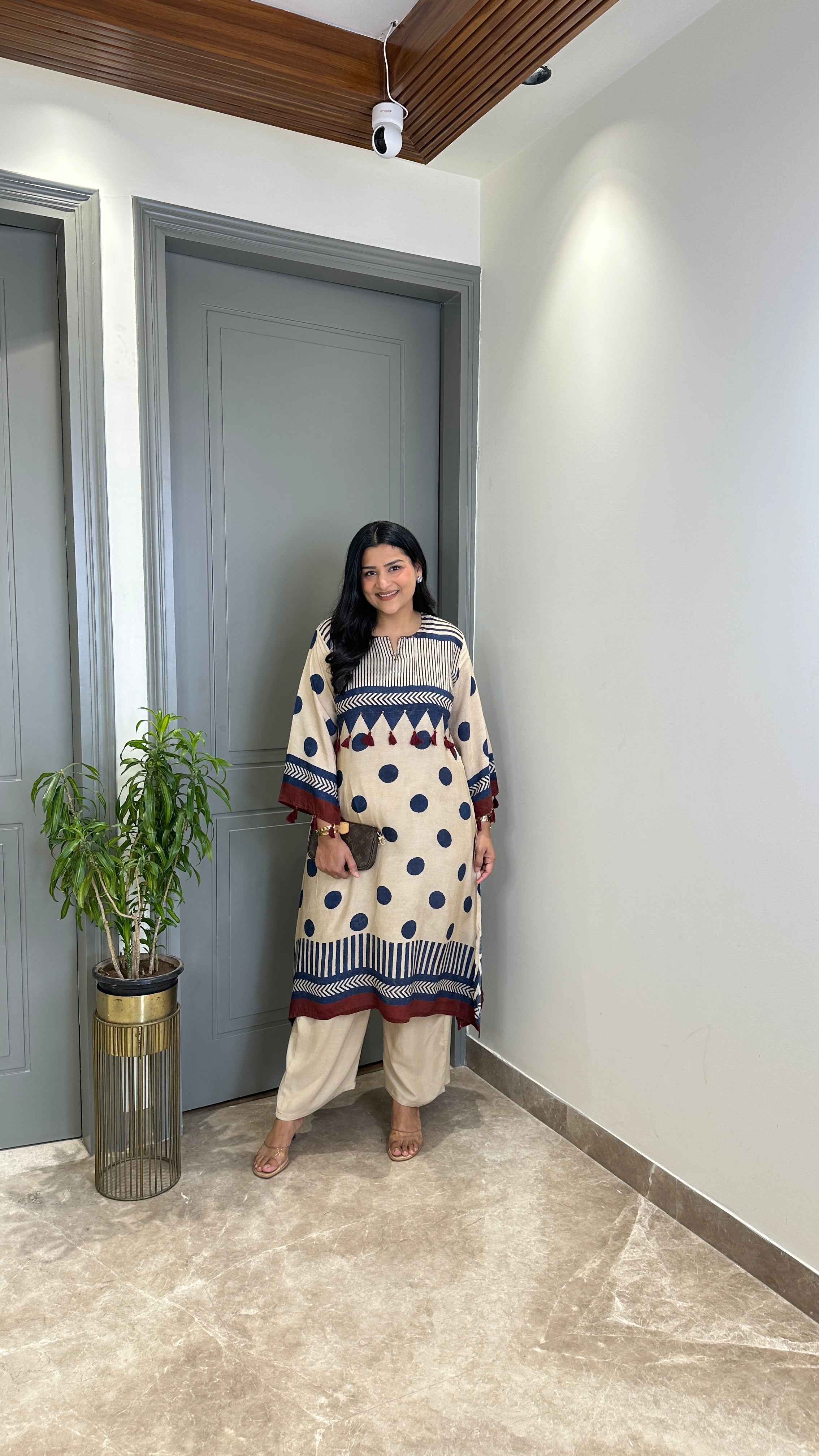 Ivory and Blue Polka A-Line Kurta Pants shrisa.in