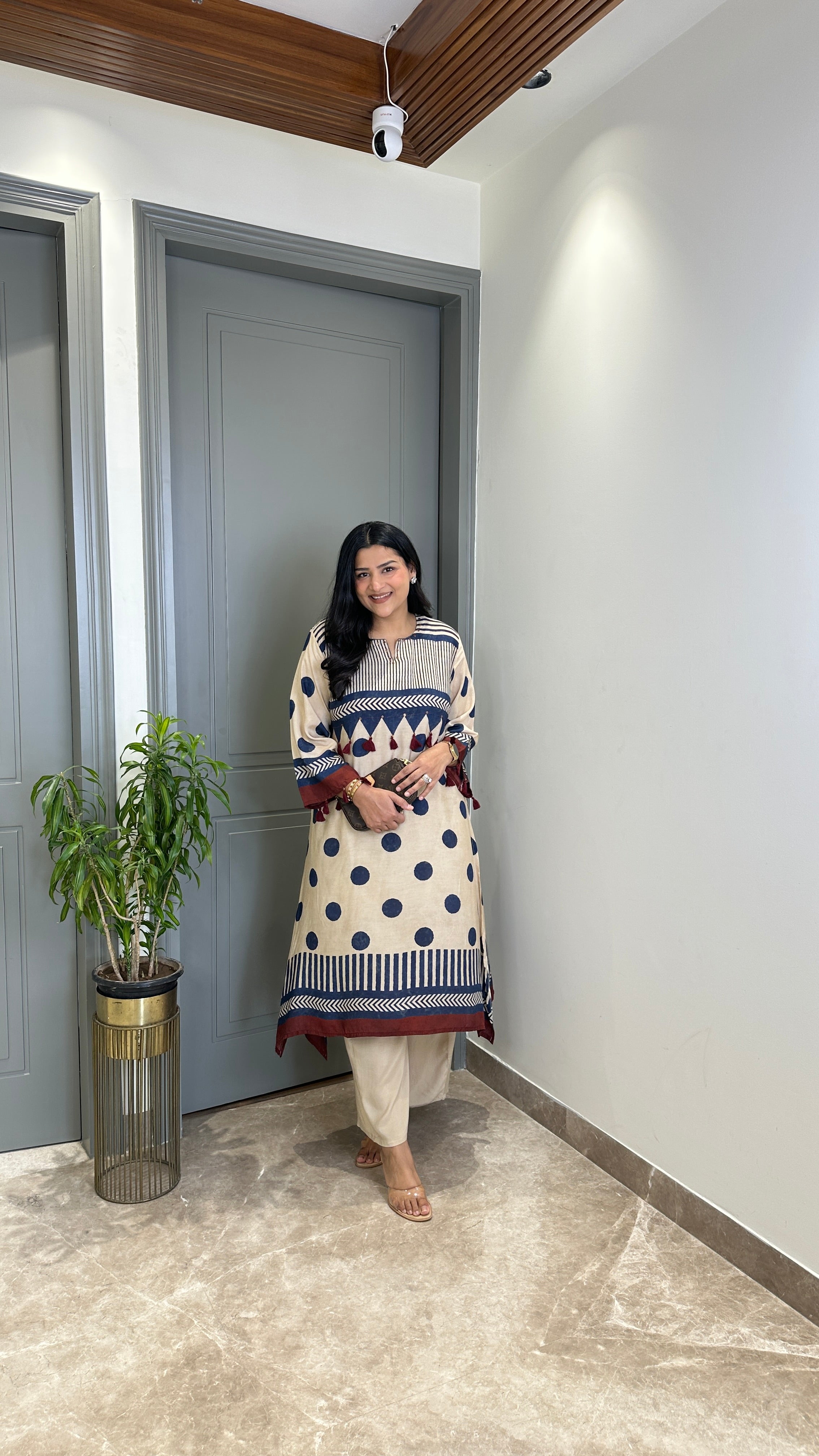 Ivory and Blue Polka A-Line Kurta Pants shrisa.in