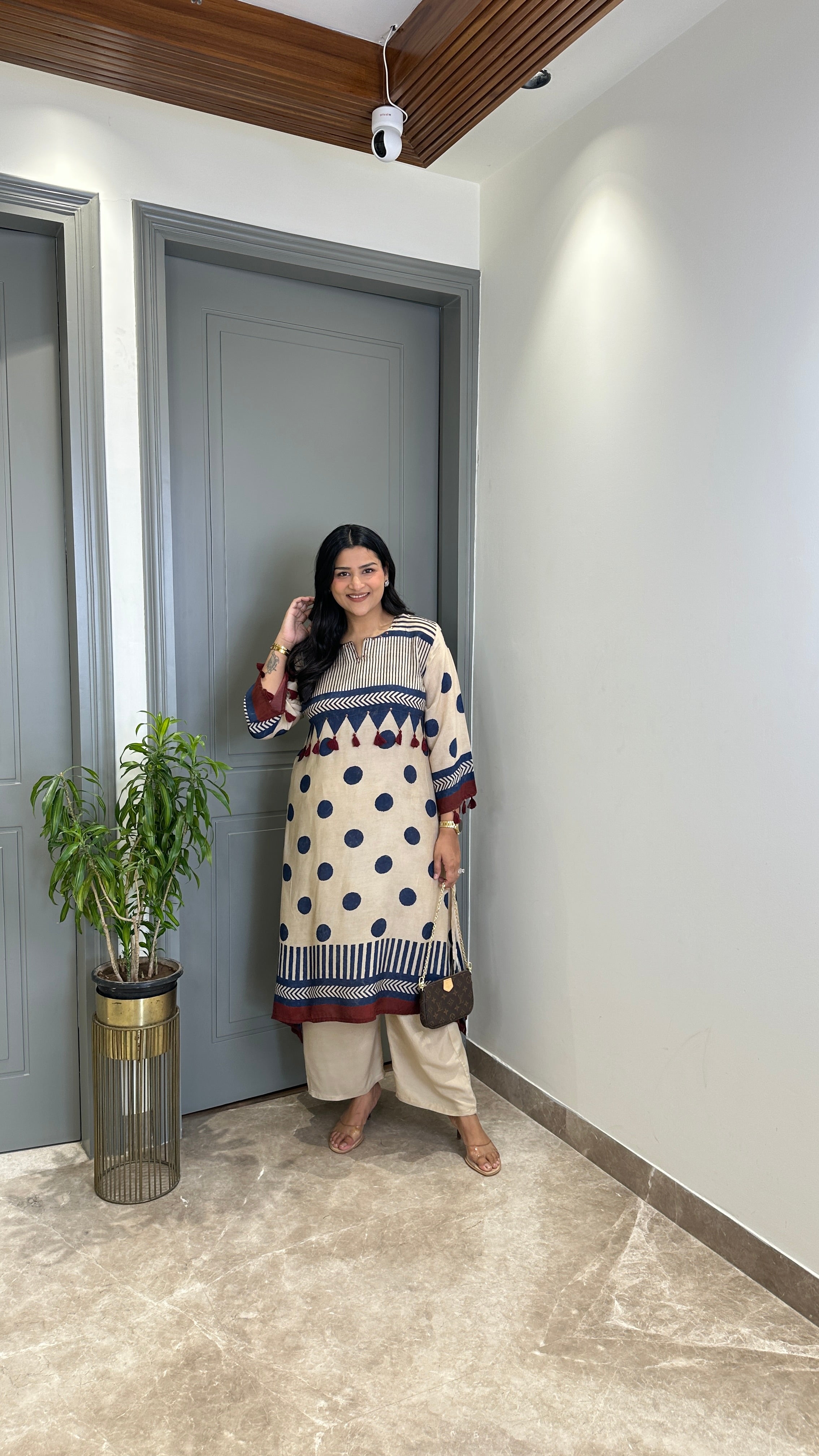 Ivory and Blue Polka A-Line Kurta Pants shrisa.in