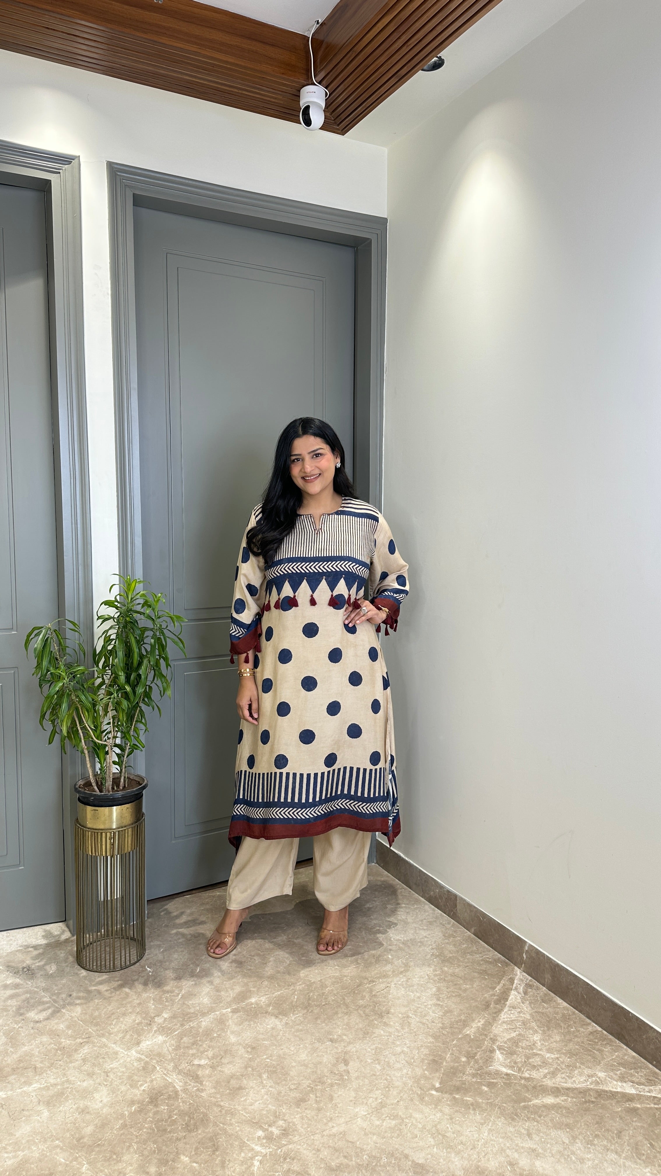 Ivory and Blue Polka A-Line Kurta Pants shrisa.in
