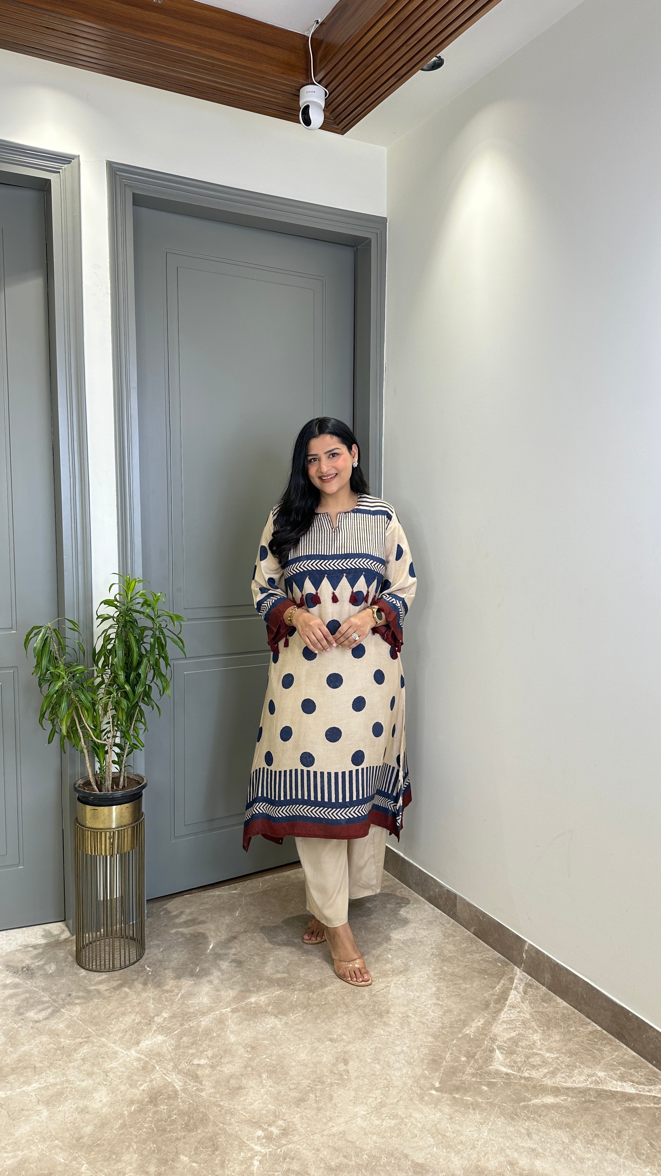 Ivory and Blue Polka A-Line Kurta Pants shrisa.in