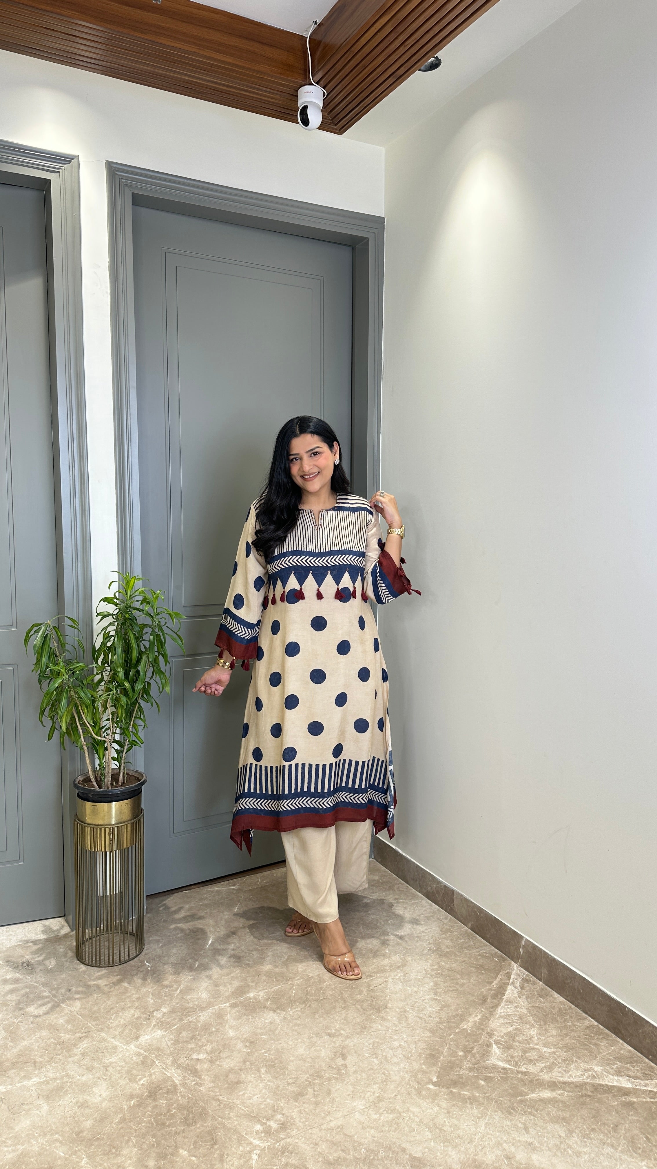 Ivory and Blue Polka A-Line Kurta Pants shrisa.in